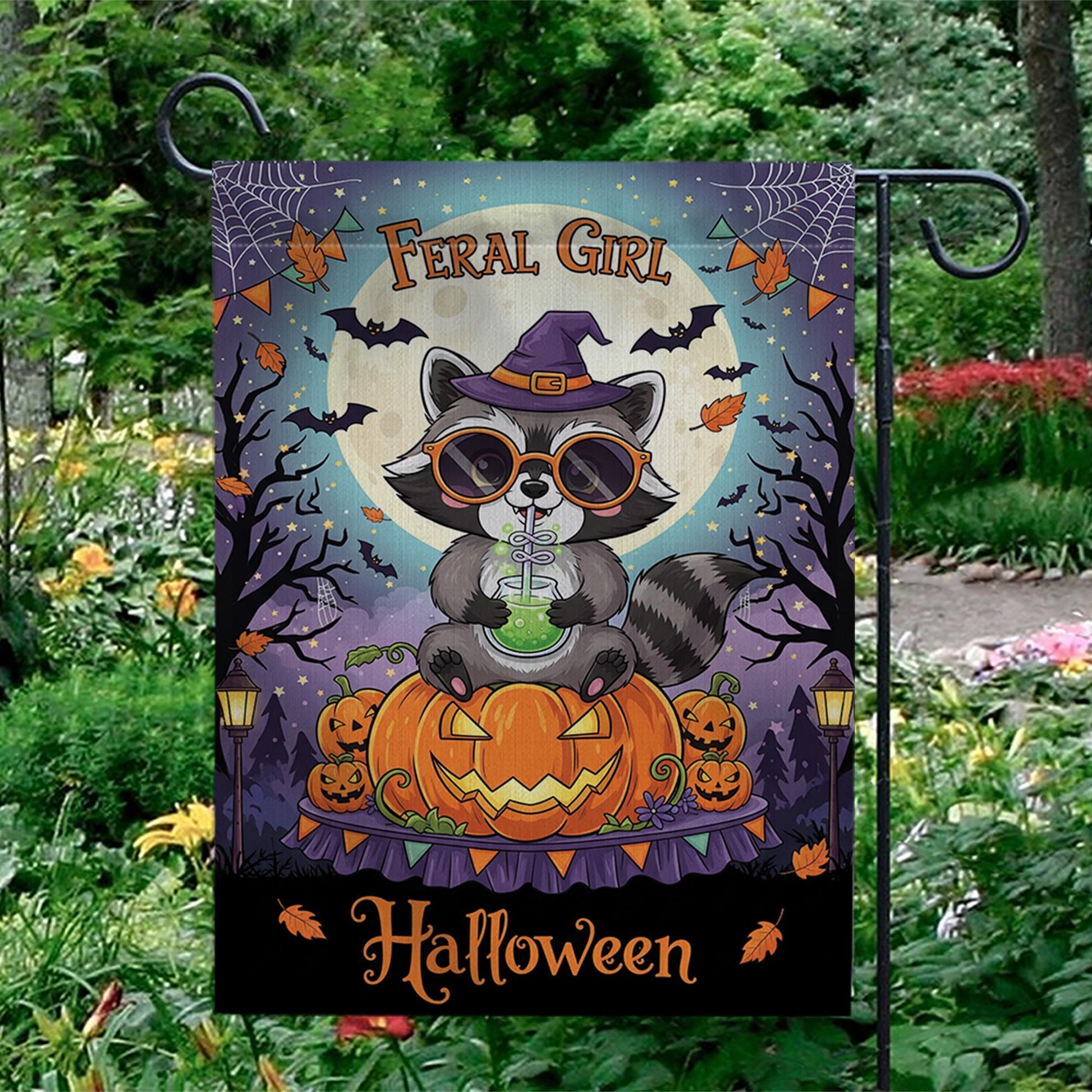 Feral Girl Halloween Garden Flag - Cute Witch Raccoon Fall Yard Decor