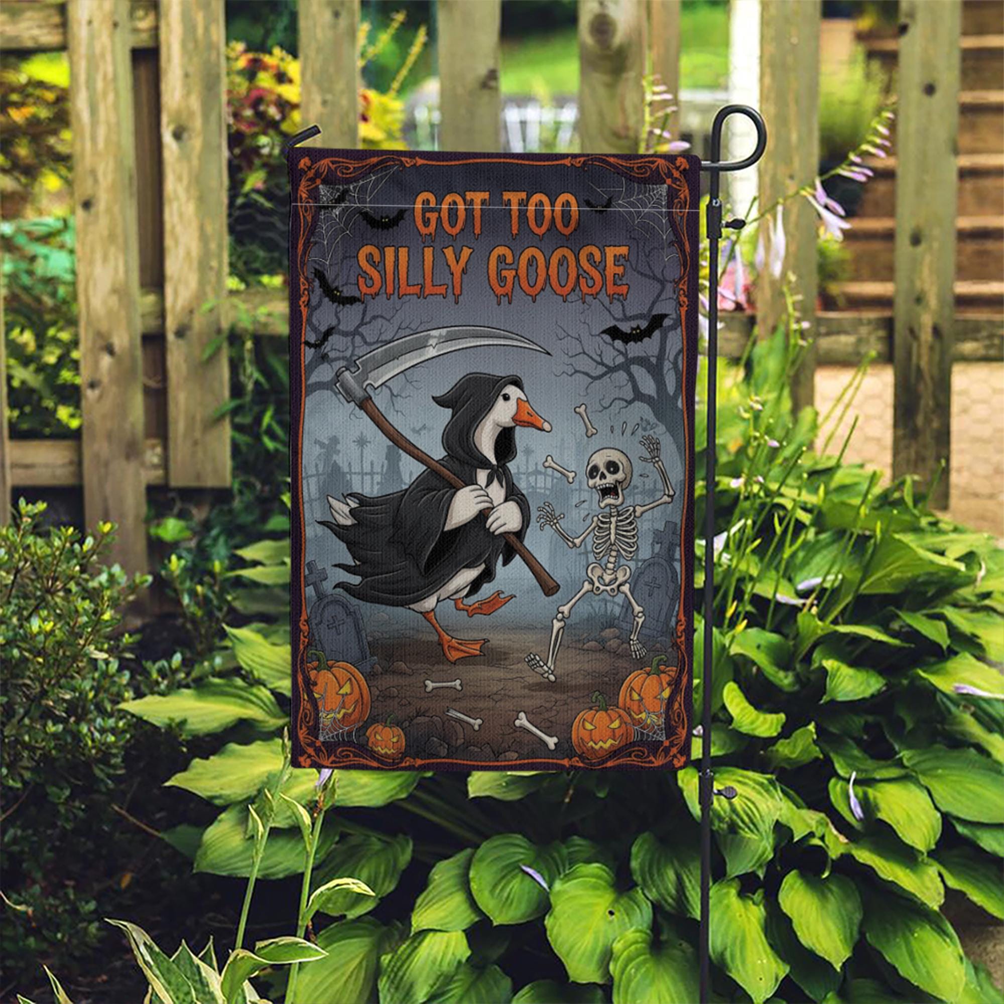 Funny Halloween Garden Flag - Grim Reaper Goose with Skeleton Yard Decor