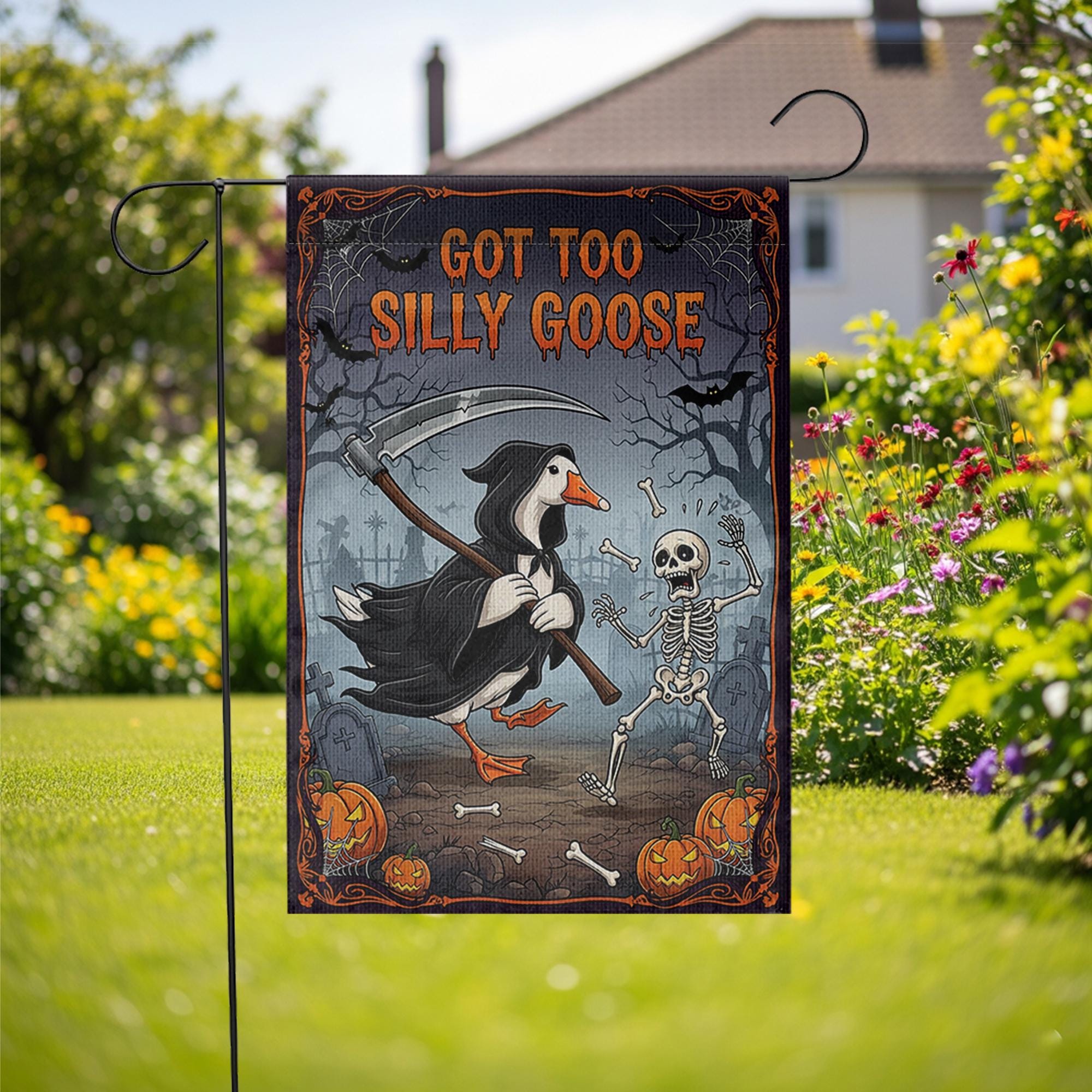 Funny Halloween Garden Flag - Grim Reaper Goose with Skeleton Yard Decor
