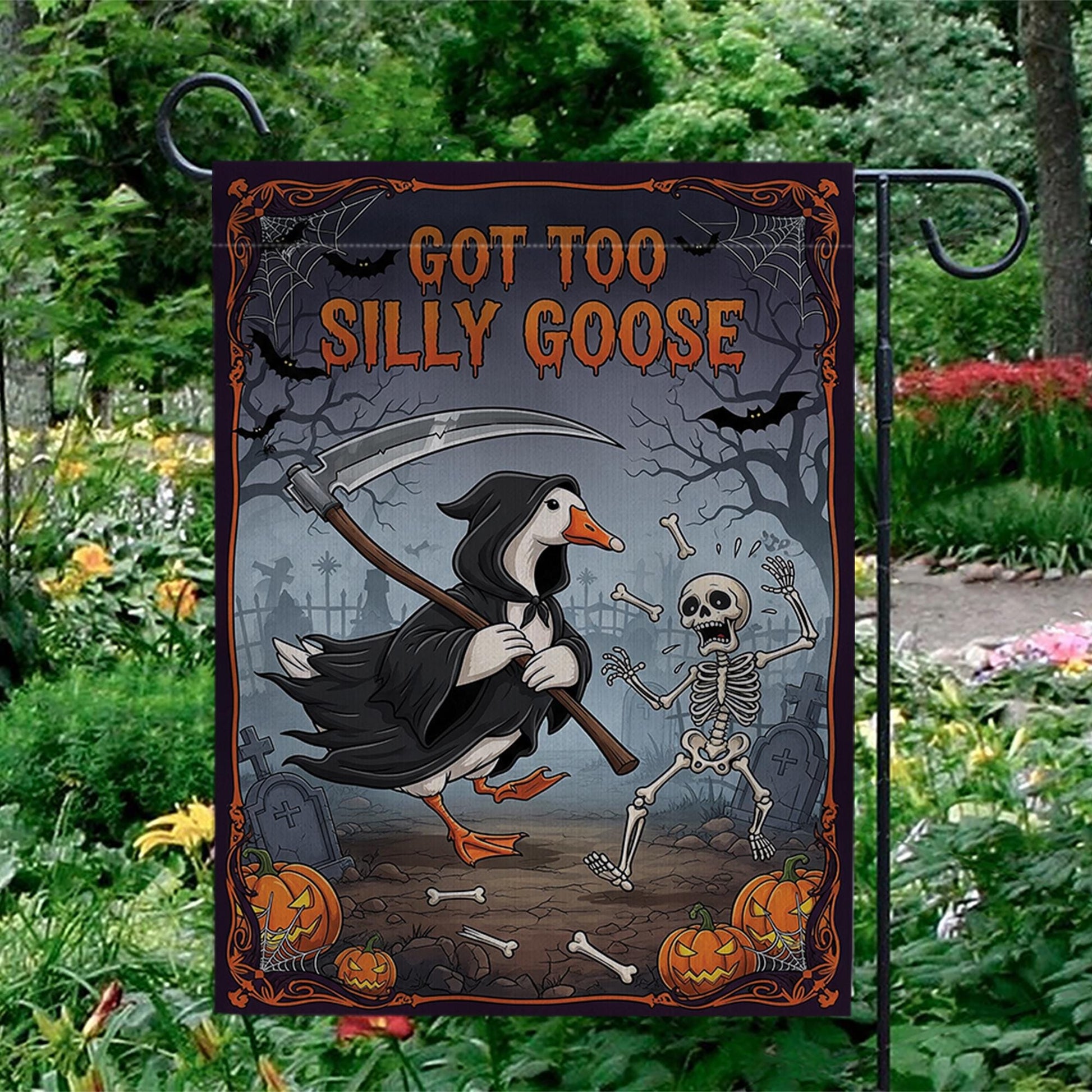 Funny Halloween Garden Flag - Grim Reaper Goose with Skeleton Yard Decor