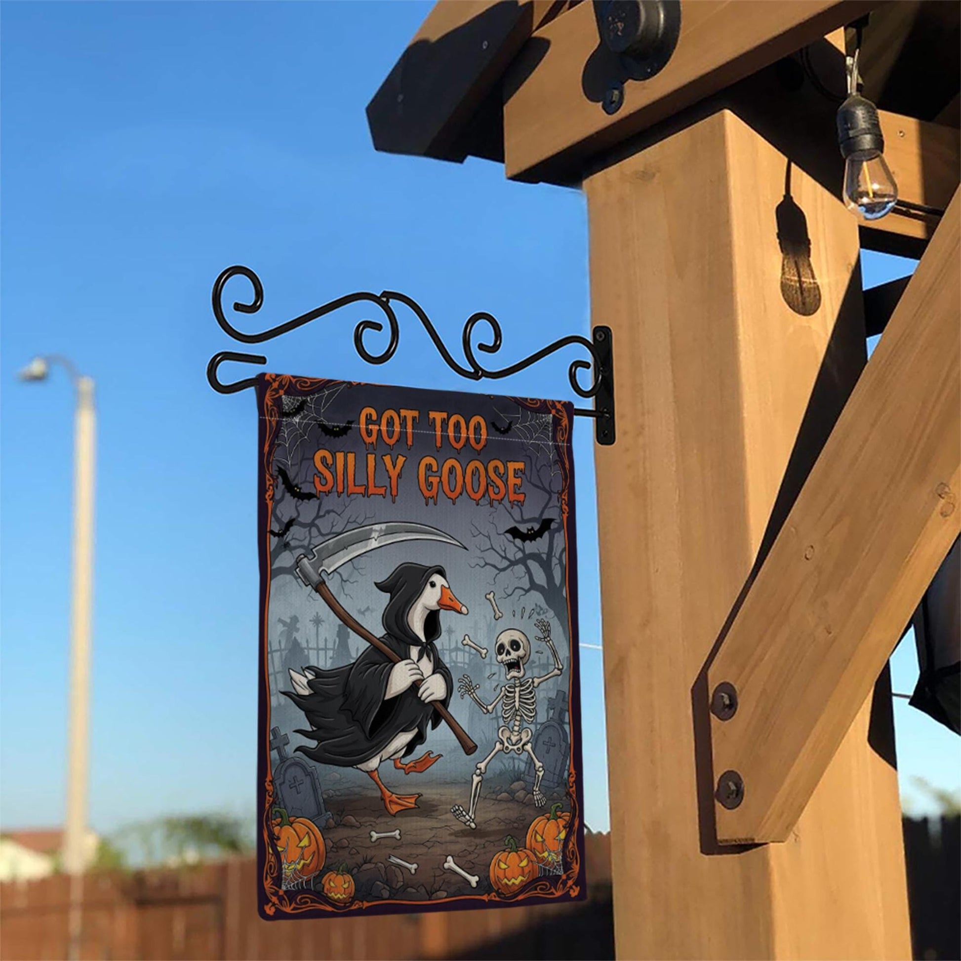 Funny Halloween Garden Flag - Grim Reaper Goose with Skeleton Yard Decor