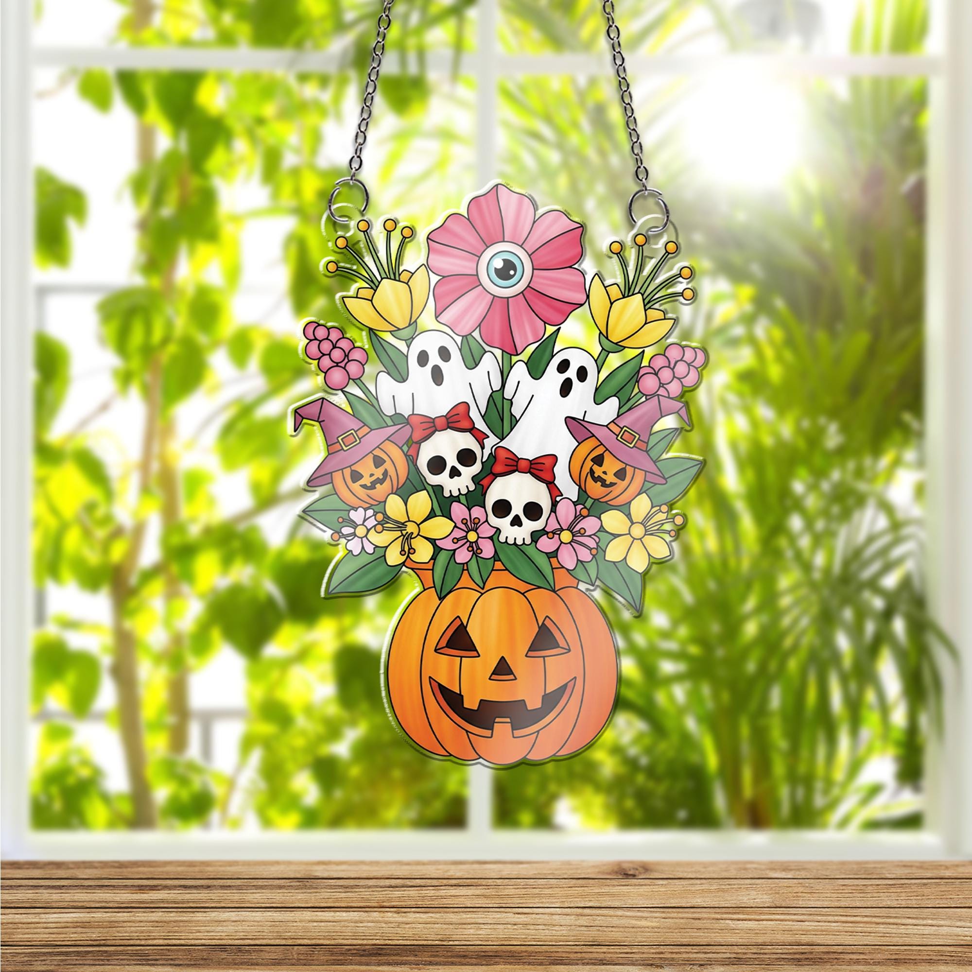 Halloween Pumpkin Floral Ornament , Ghost Skull Bouquet Window Hanging, Cute Spooky Decor, Witchy Fall Home Decoration