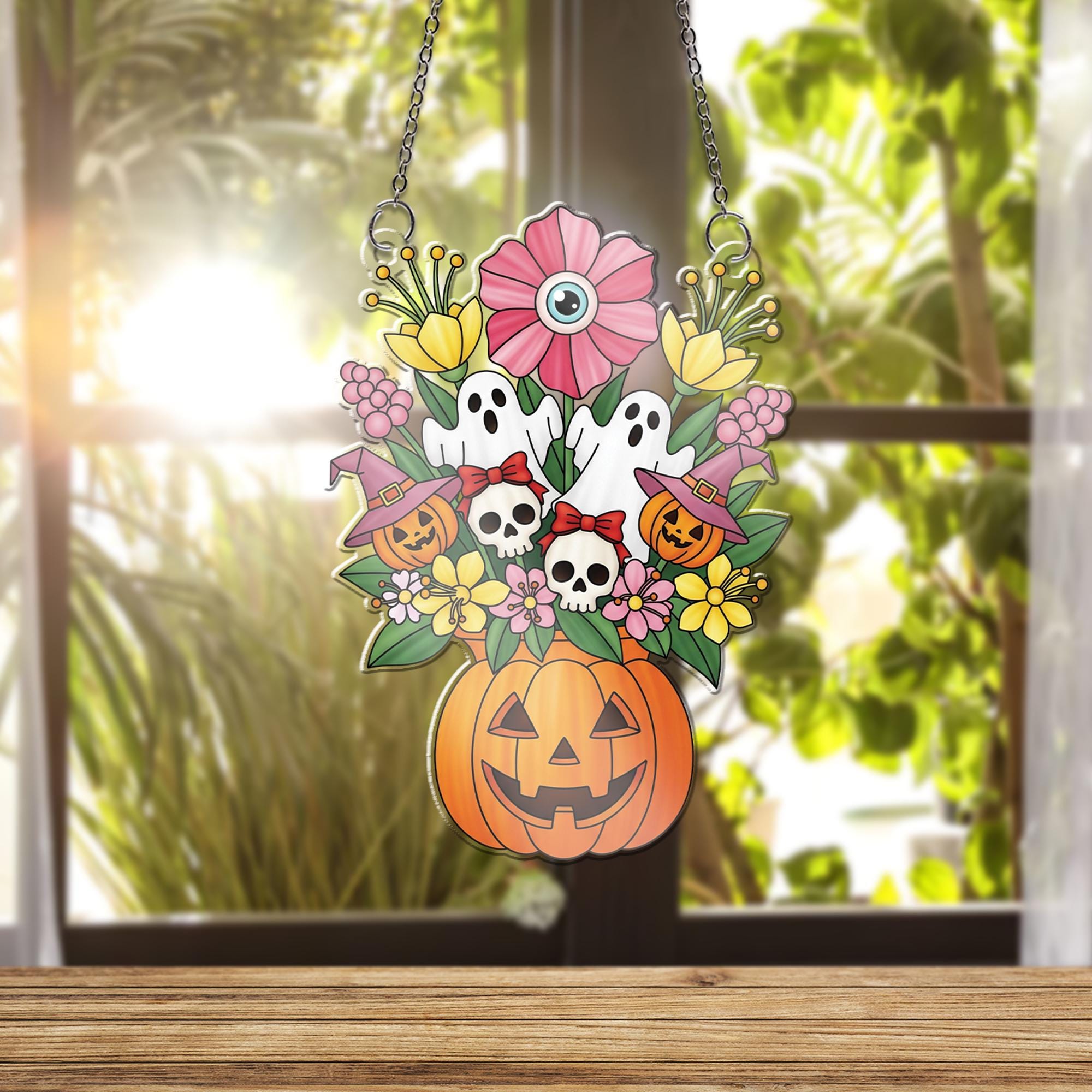 Halloween Pumpkin Floral Ornament , Ghost Skull Bouquet Window Hanging, Cute Spooky Decor, Witchy Fall Home Decoration