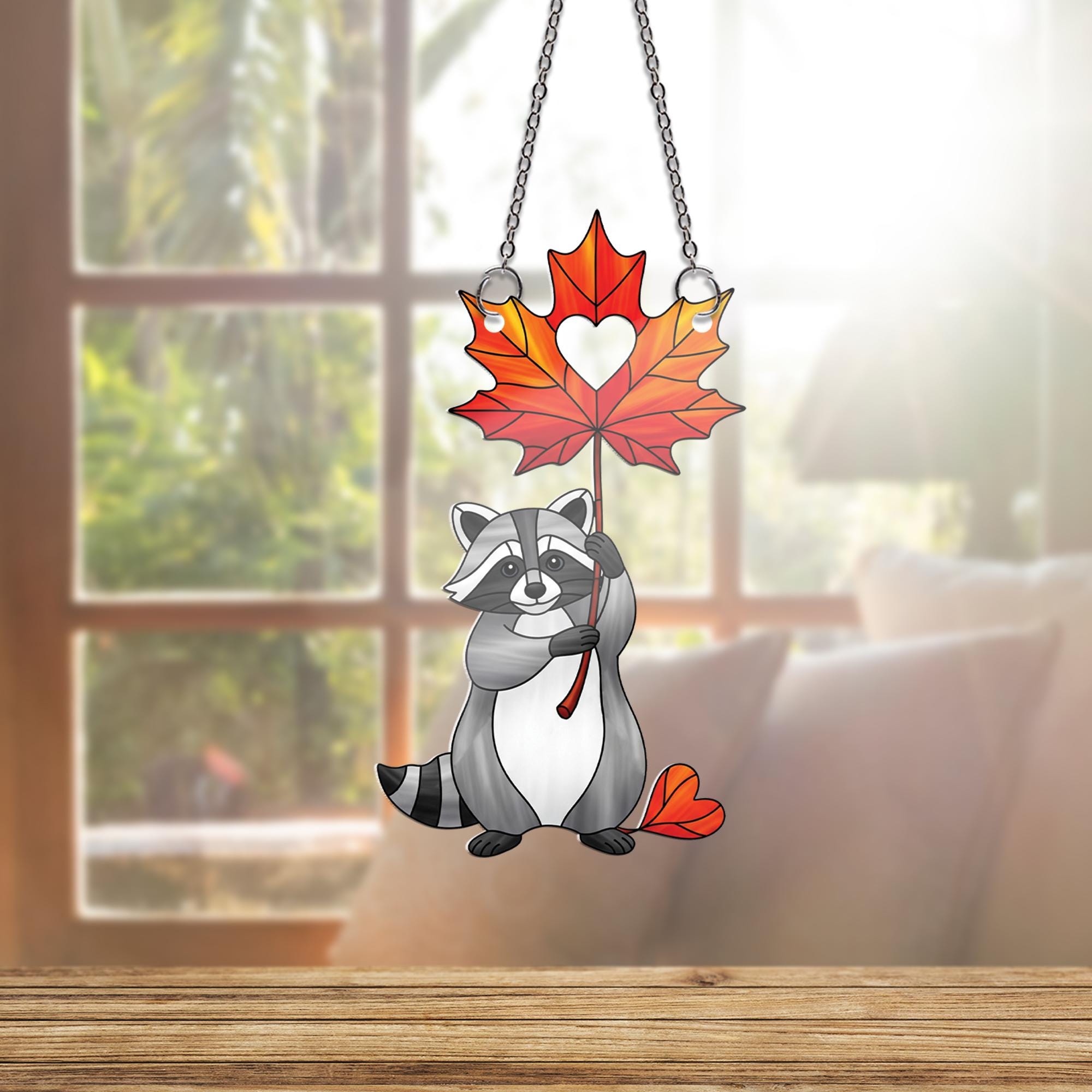 Cute Raccoon Maple Leaf Ornament , Autumn Animal Window Hanging, Fall Forest Woodland Decor, Heart Leaf Fall Decoration