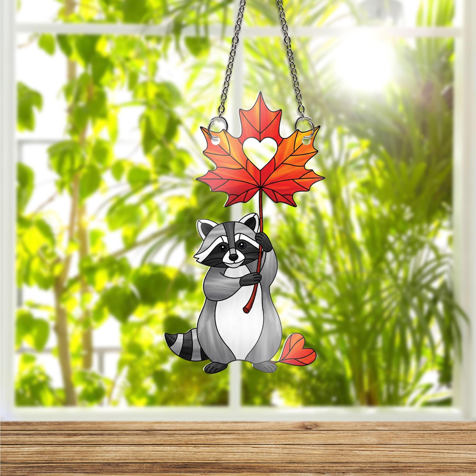 Cute Raccoon Maple Leaf Ornament , Autumn Animal Window Hanging, Fall Forest Woodland Decor, Heart Leaf Fall Decoration