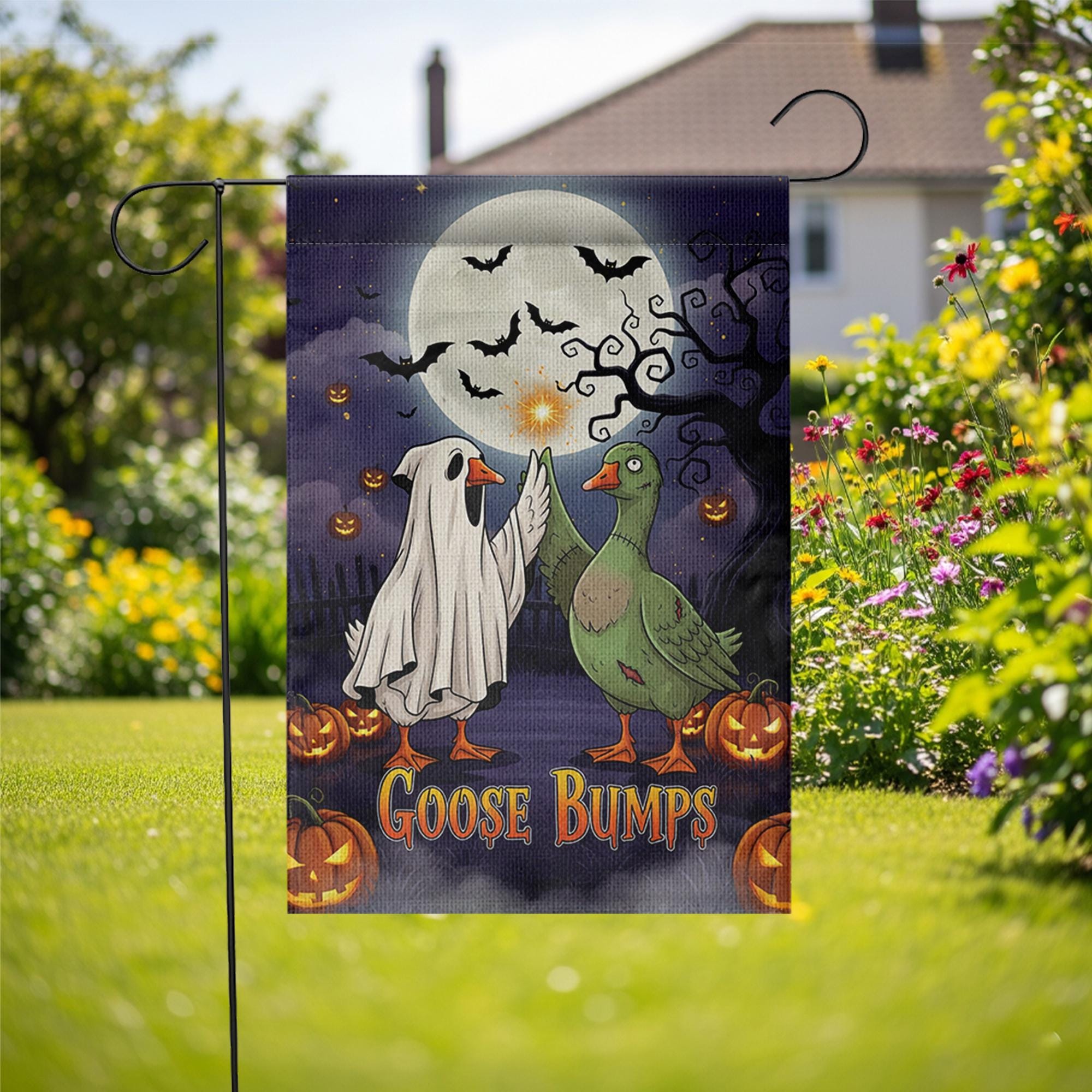 Funny Goose Halloween Garden Flag – Goose Bumps Outdoor Fall Decor, Spooky Cute Goose Yard Flag, Trick or Treat Sign, Ghost Duck Banner
