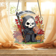 Cute Grim Reaper Fall Decor, Halloween Skeleton Ornament , Autumn Scythe Window Hanging, Spooky Floral Death Art Gift