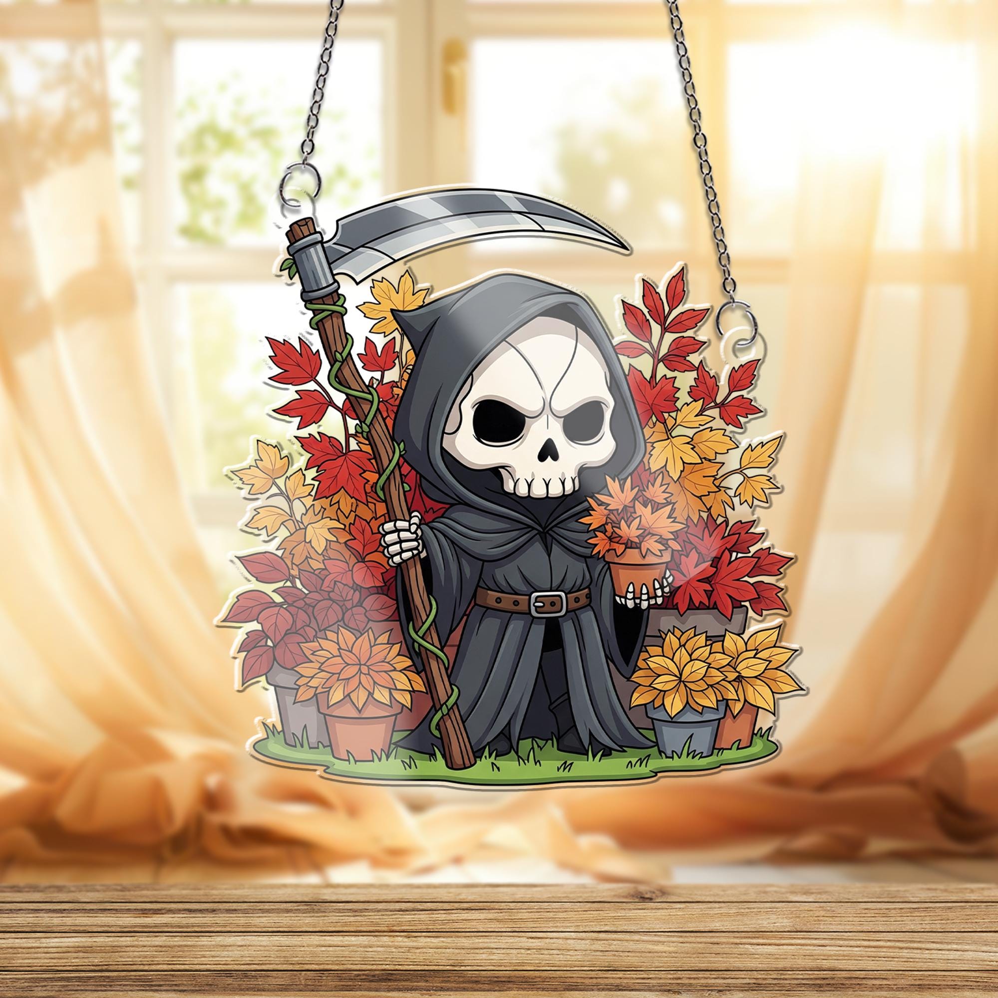 Cute Grim Reaper Fall Decor, Halloween Skeleton Ornament , Autumn Scythe Window Hanging, Spooky Floral Death Art Gift