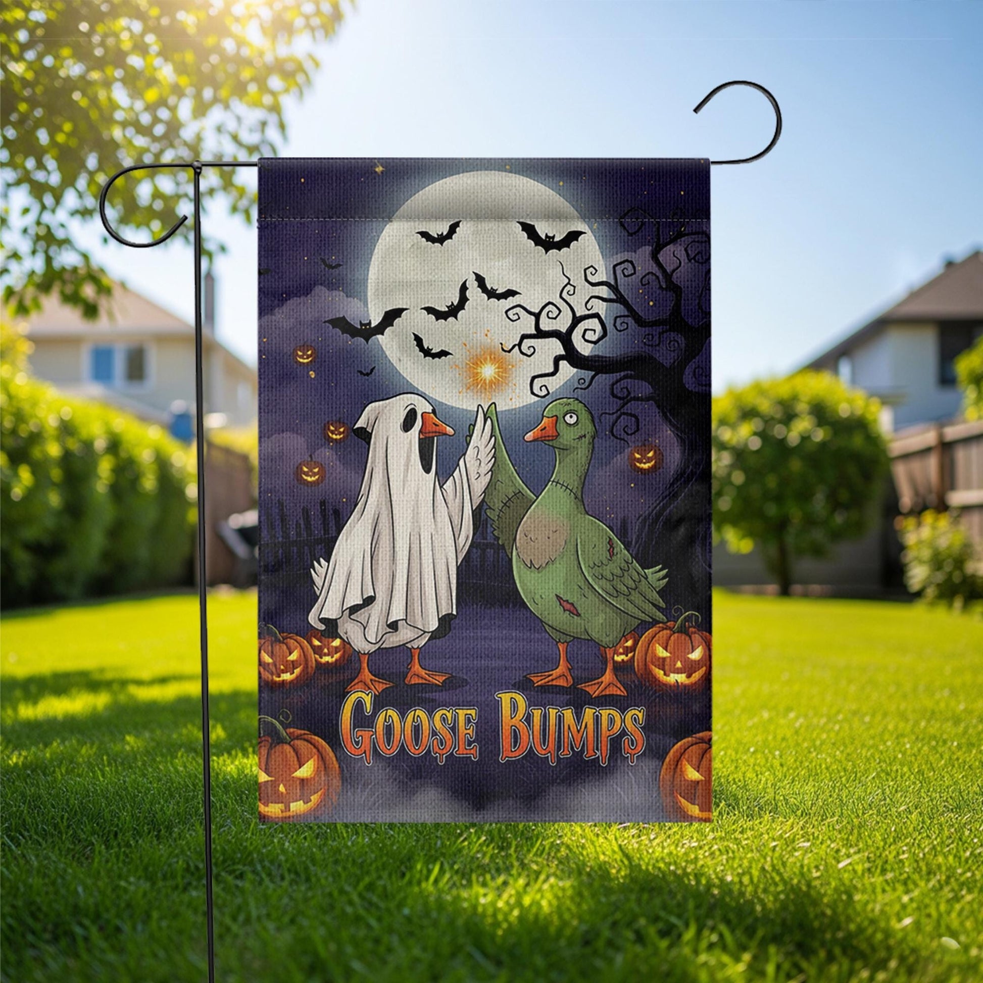 Funny Goose Halloween Garden Flag – Goose Bumps Outdoor Fall Decor, Spooky Cute Goose Yard Flag, Trick or Treat Sign, Ghost Duck Banner