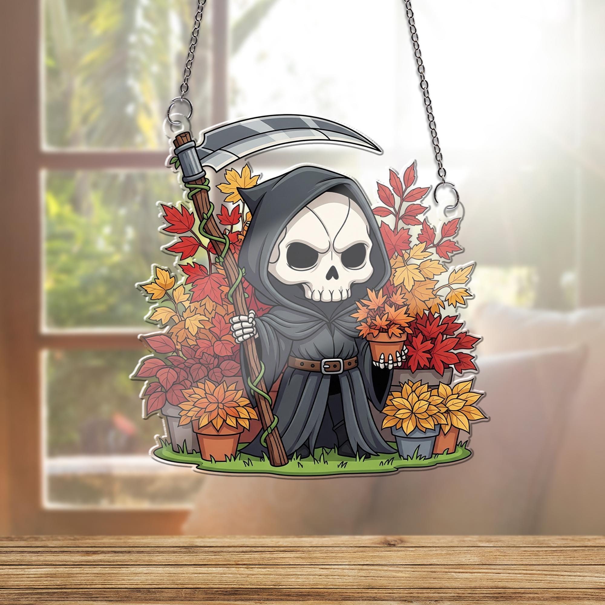 Cute Grim Reaper Fall Decor, Halloween Skeleton Ornament , Autumn Scythe Window Hanging, Spooky Floral Death Art Gift