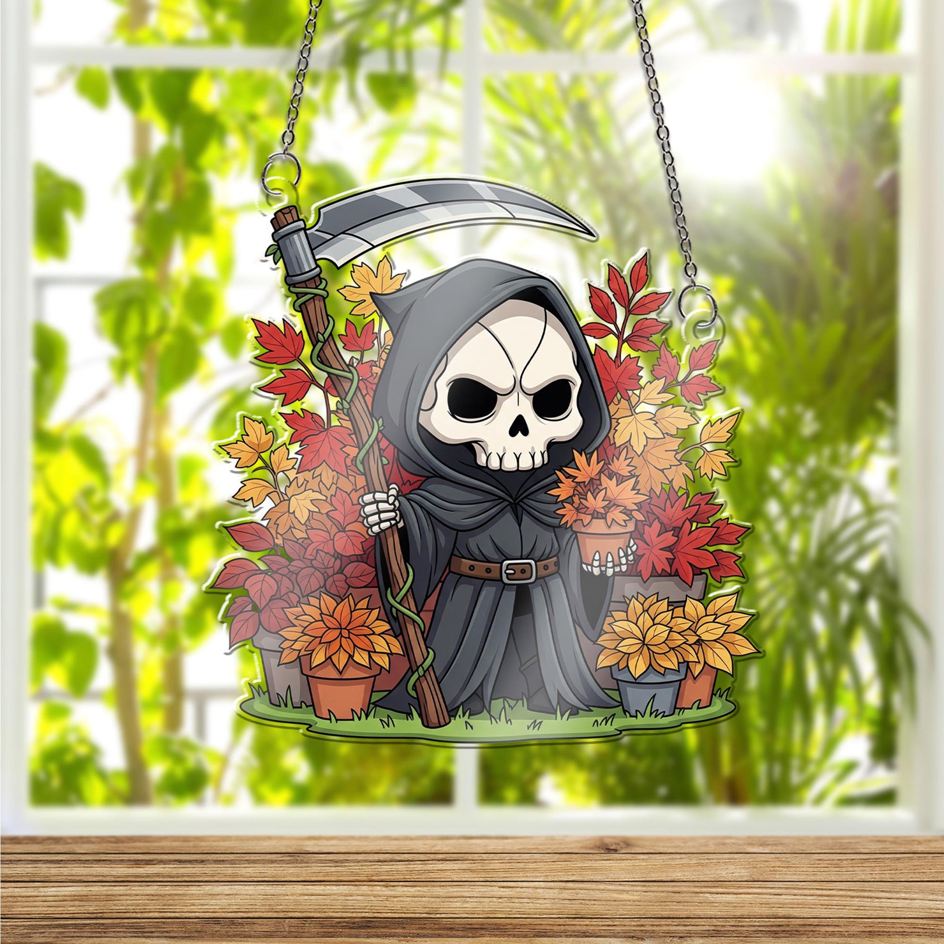 Cute Grim Reaper Fall Decor, Halloween Skeleton Ornament , Autumn Scythe Window Hanging, Spooky Floral Death Art Gift