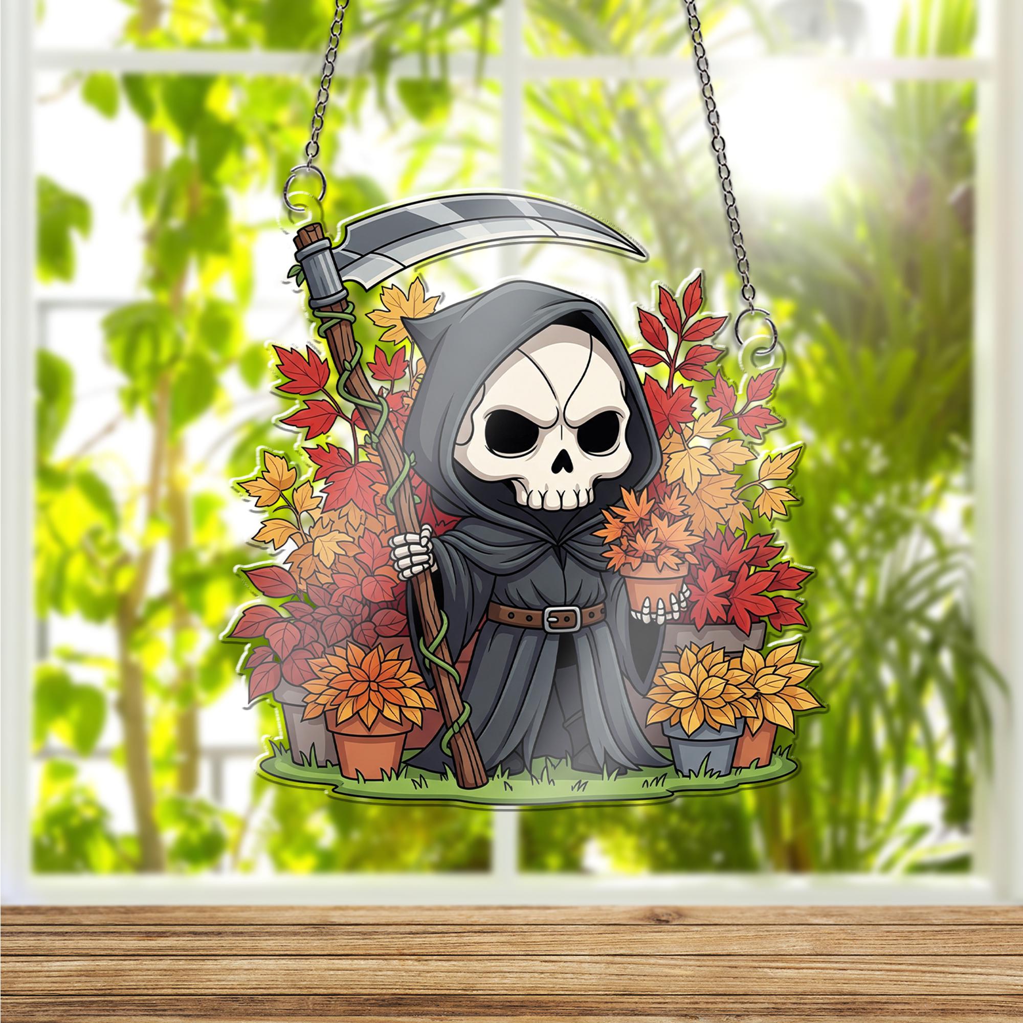 Cute Grim Reaper Fall Decor, Halloween Skeleton Ornament , Autumn Scythe Window Hanging, Spooky Floral Death Art Gift