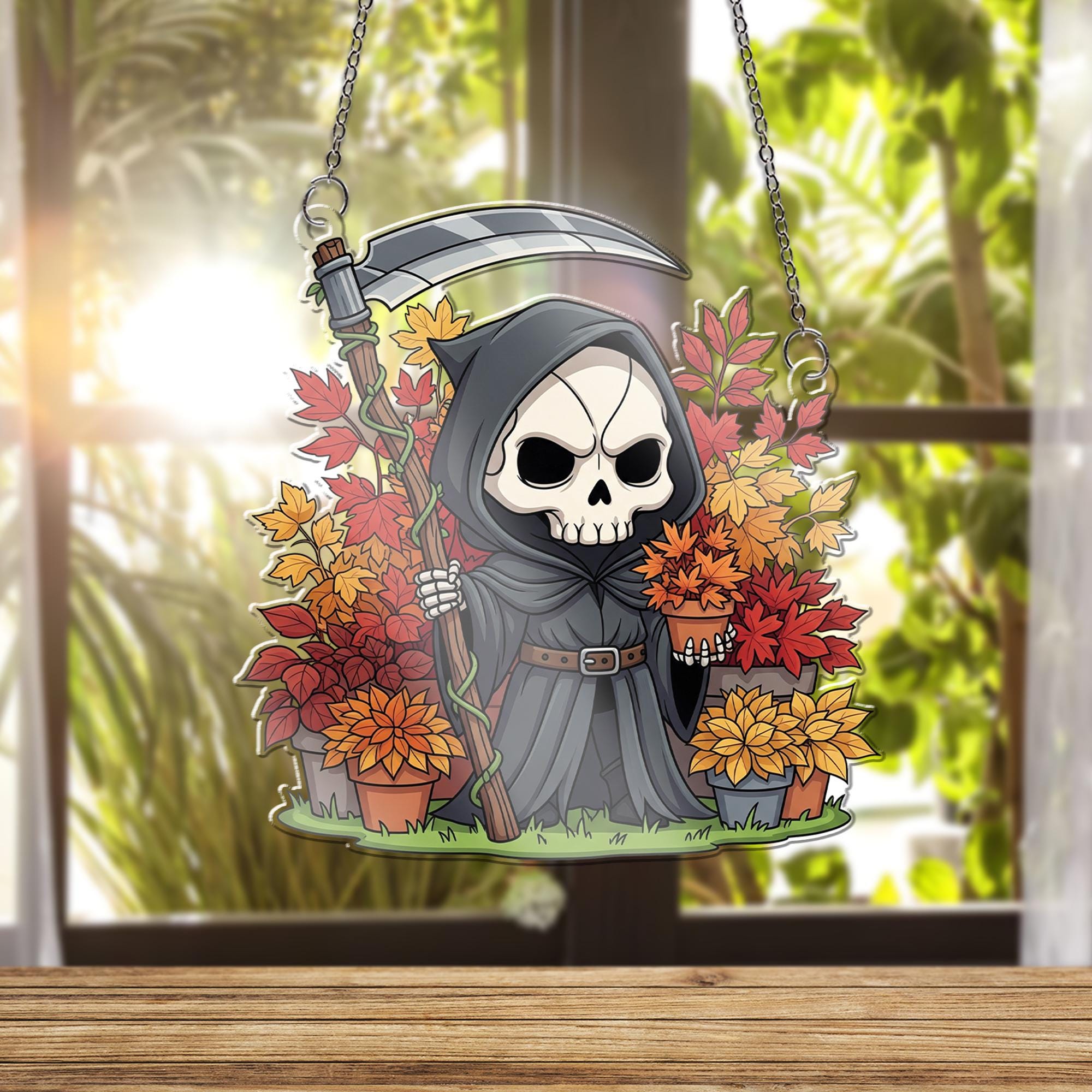 Cute Grim Reaper Fall Decor, Halloween Skeleton Ornament , Autumn Scythe Window Hanging, Spooky Floral Death Art Gift
