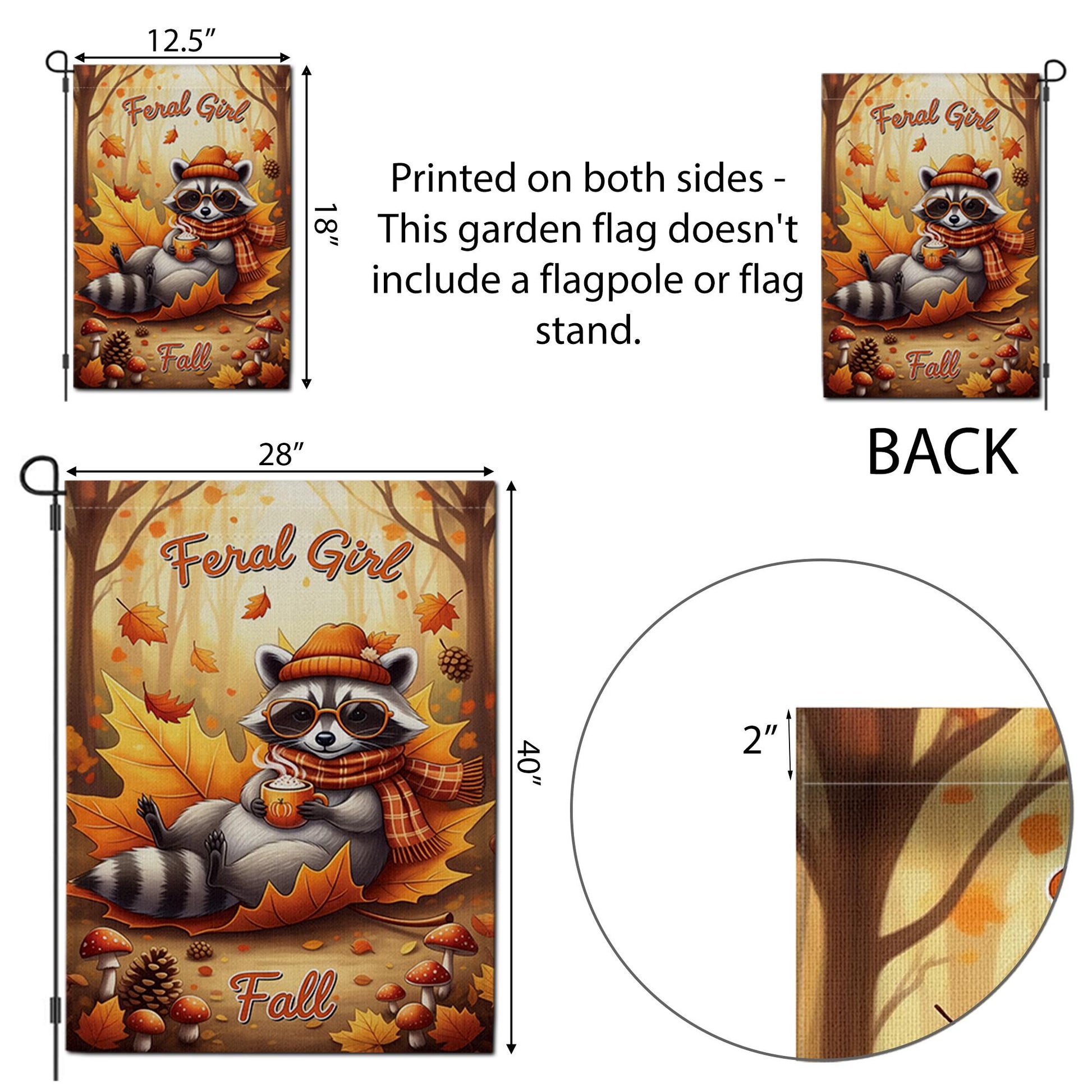 Feral Girl Fall Garden Flag – Cute Raccoon Autumn Yard Decor, Funny Cozy Fall Outdoor Flag, Pumpkin Spice Coffee Sign, Woodland Animal