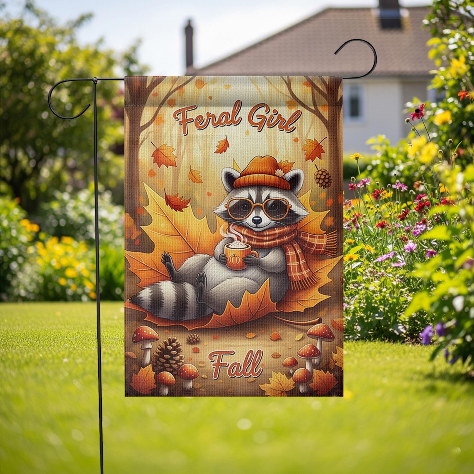 Feral Girl Fall Garden Flag – Cute Raccoon Autumn Yard Decor, Funny Cozy Fall Outdoor Flag, Pumpkin Spice Coffee Sign, Woodland Animal