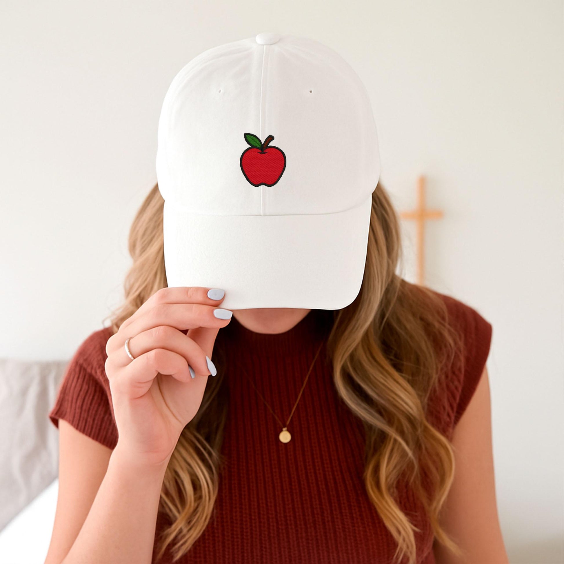 Minimalist Teacher Hat, Red Apple Embroidered Cap, Teacher Appreciation Gift, White or Black Baseball Hat, Back to School Hat