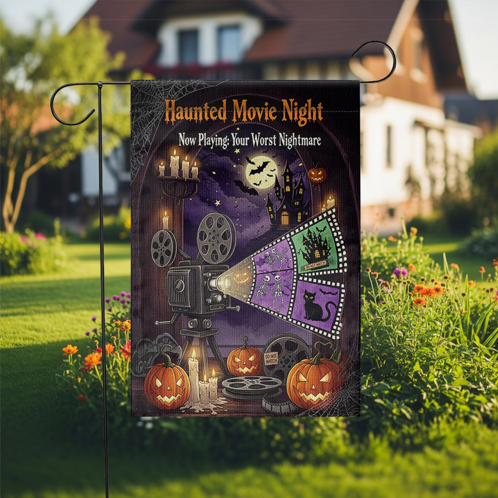 Haunted Movie Night Garden Flag – Halloween Horror Outdoor Decor, Spooky Film Projector Yard Flag, Scary Movie Night Sign
