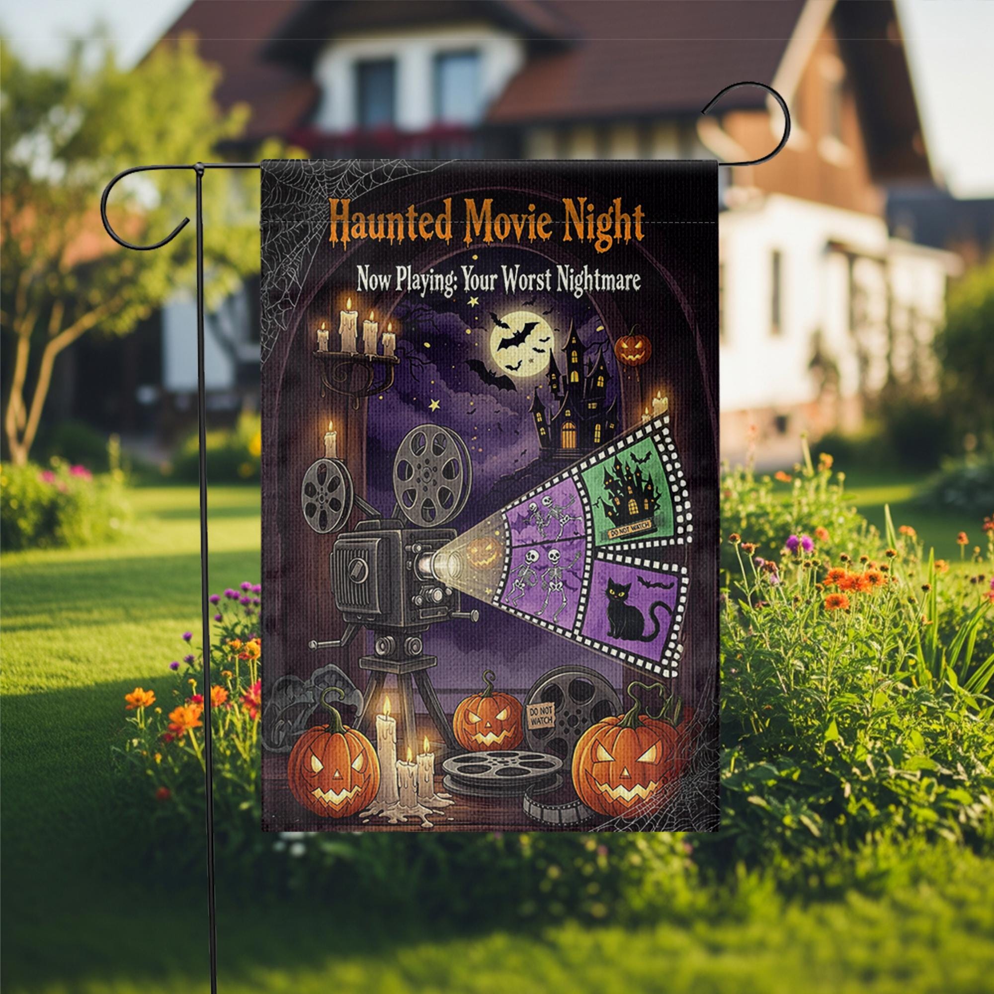 Haunted Movie Night Garden Flag – Halloween Horror Outdoor Decor, Spooky Film Projector Yard Flag, Scary Movie Night Sign