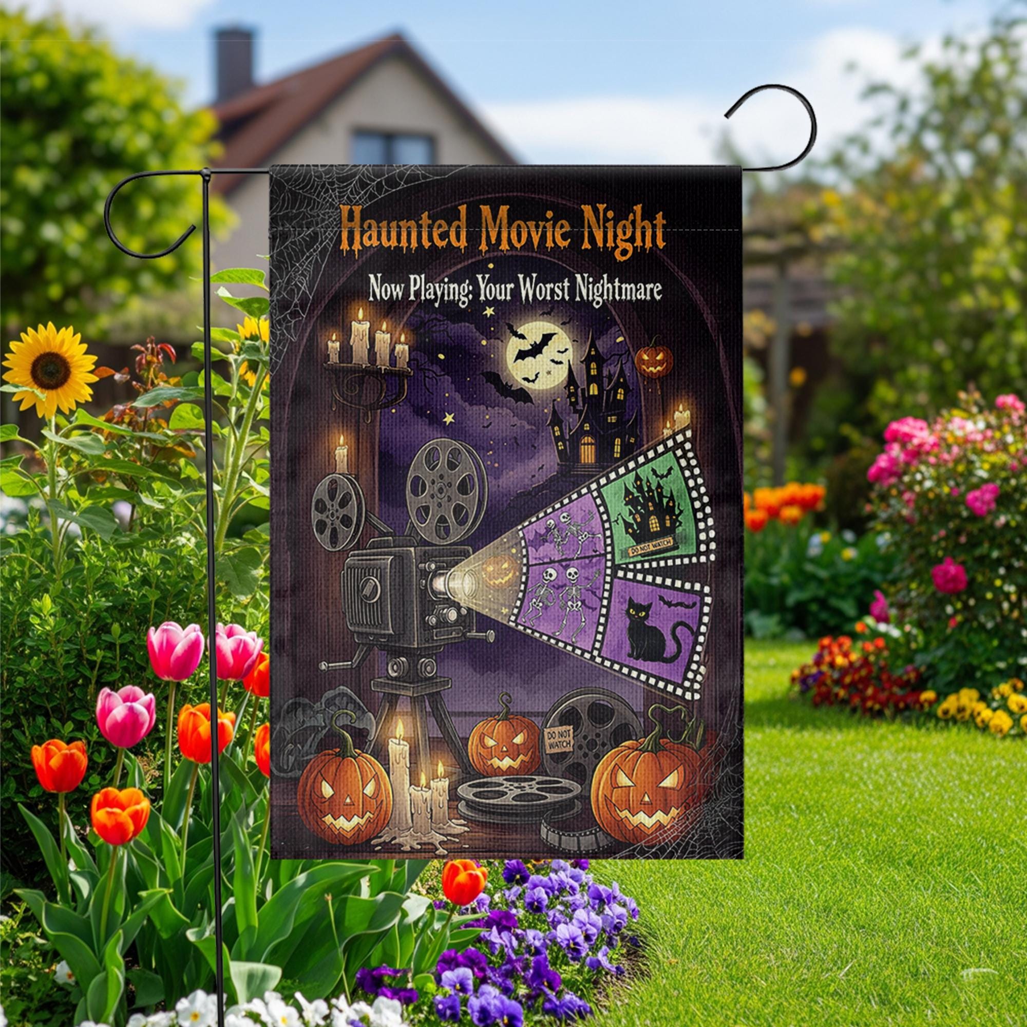 Haunted Movie Night Garden Flag – Halloween Horror Outdoor Decor, Spooky Film Projector Yard Flag, Scary Movie Night Sign