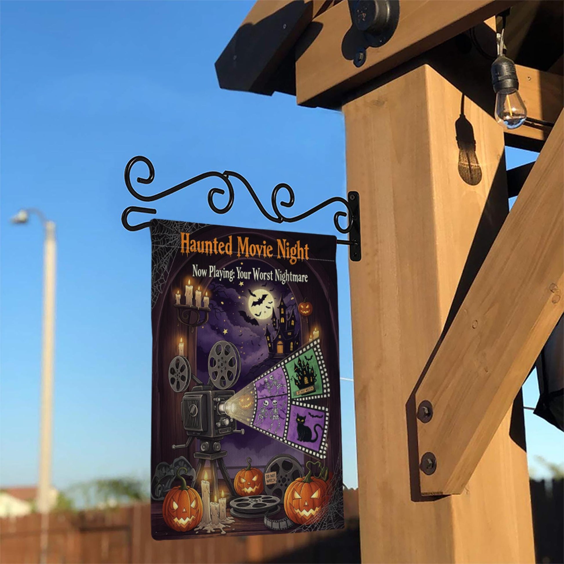 Haunted Movie Night Garden Flag – Halloween Horror Outdoor Decor, Spooky Film Projector Yard Flag, Scary Movie Night Sign