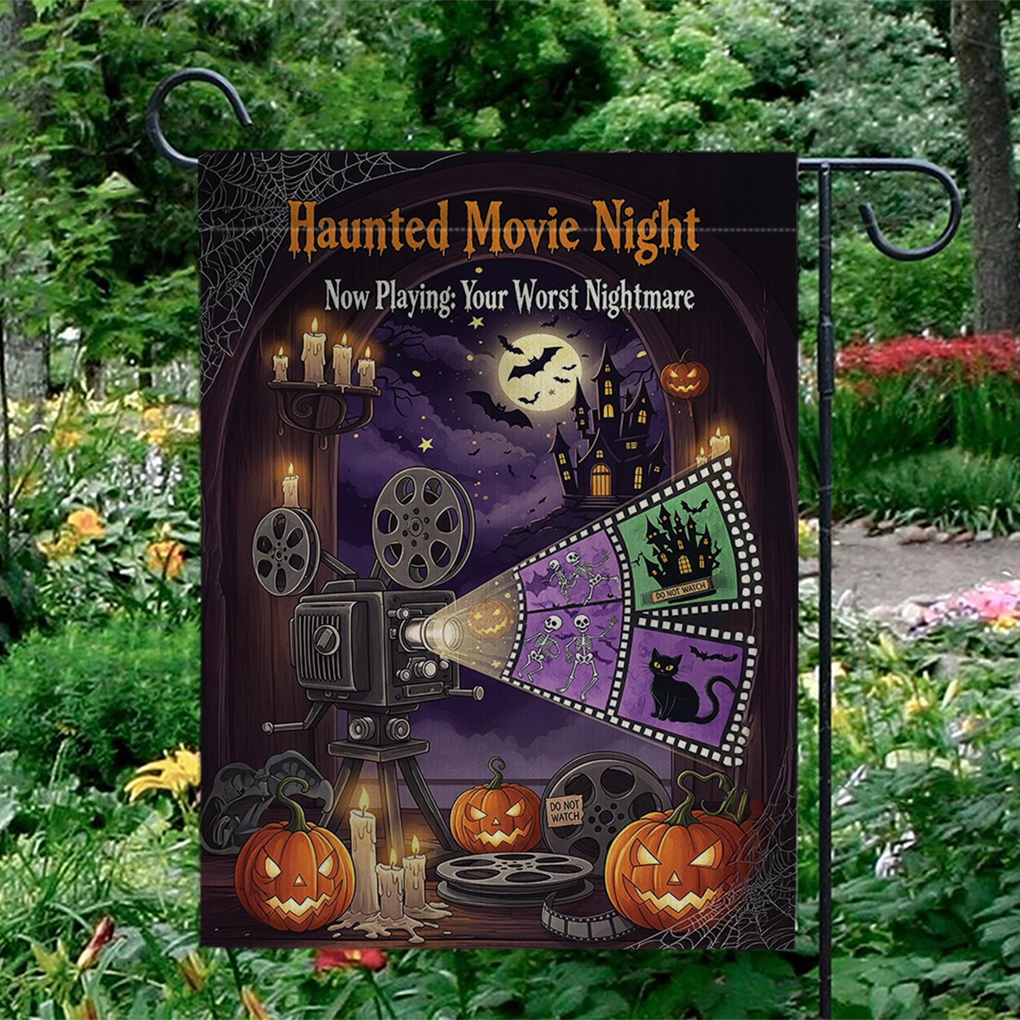 Haunted Movie Night Garden Flag – Halloween Horror Outdoor Decor, Spooky Film Projector Yard Flag, Scary Movie Night Sign