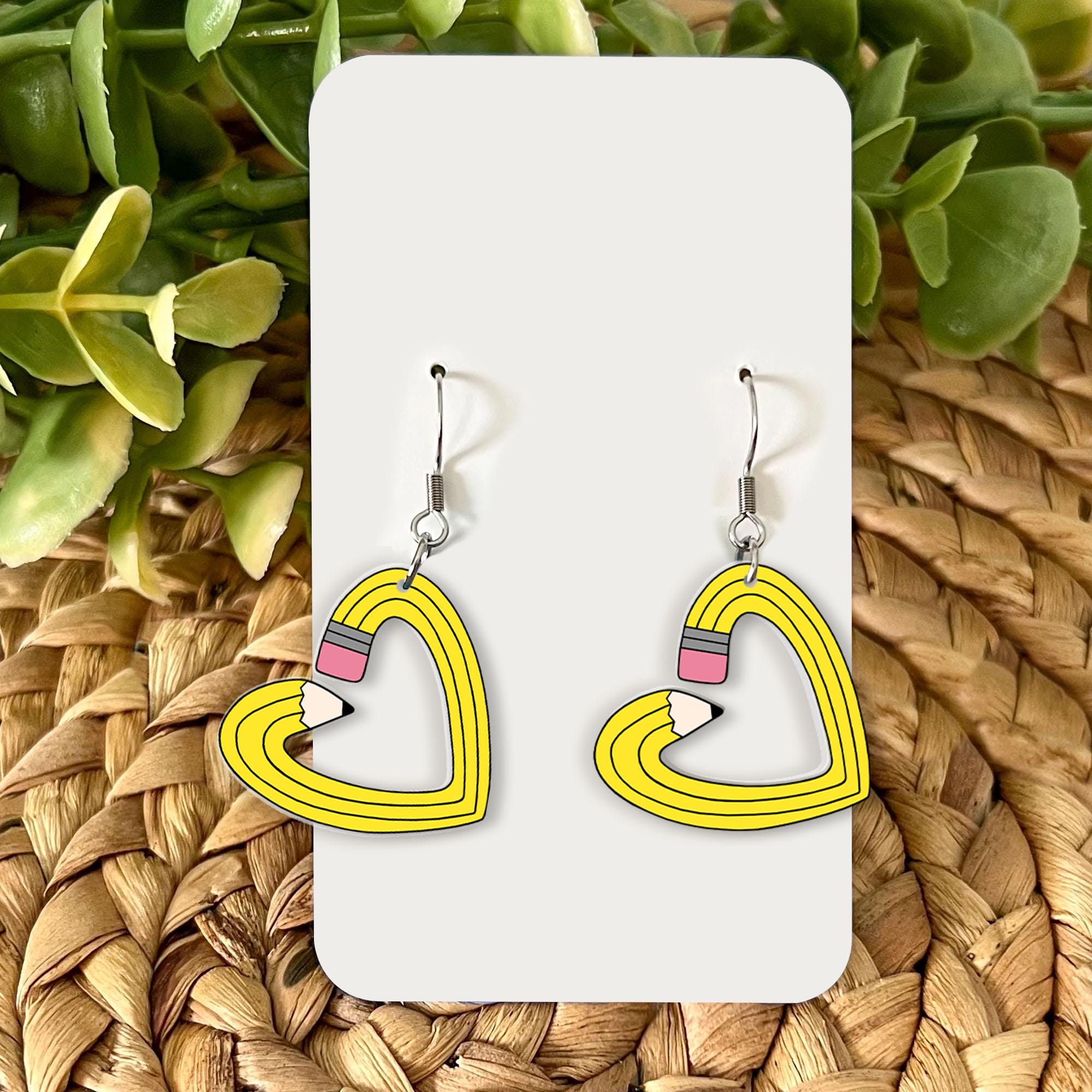 Teacher Pencil Earrings, Heart Shaped Pencil Dangle Earrings, Cute Teacher Gift, Back to School Jewelry, Fun Teacher Accessories