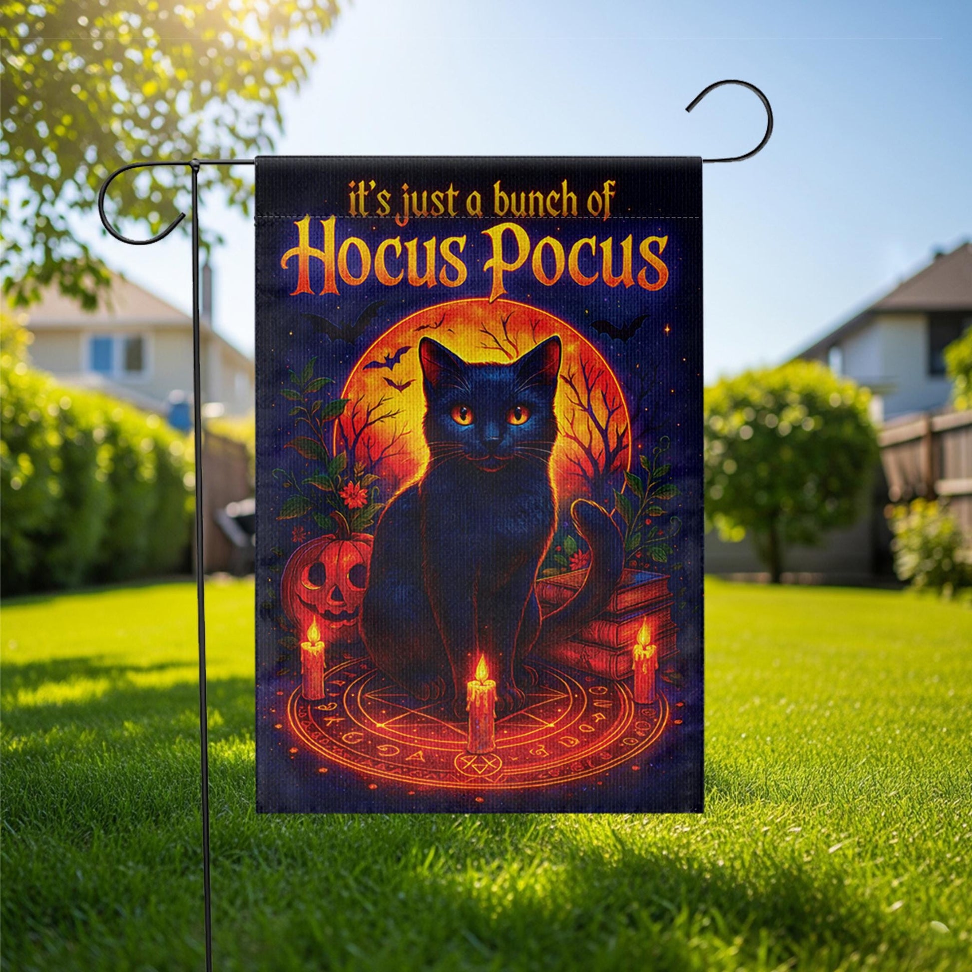 Hocus Pocus Garden Flag, Black Cat Halloween Decor, Thackery Binx Witchy Yard Art, Spooky Outdoor Banner, Just a Bunch of Hocus Pocus