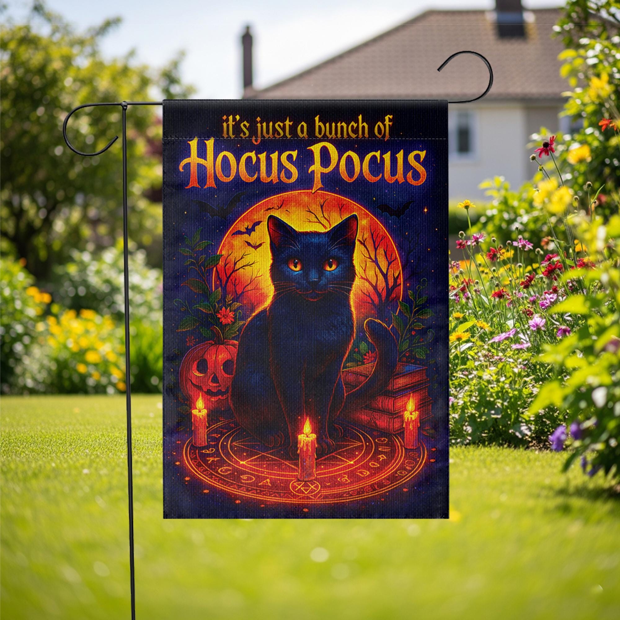 Hocus Pocus Garden Flag, Black Cat Halloween Decor, Thackery Binx Witchy Yard Art, Spooky Outdoor Banner, Just a Bunch of Hocus Pocus