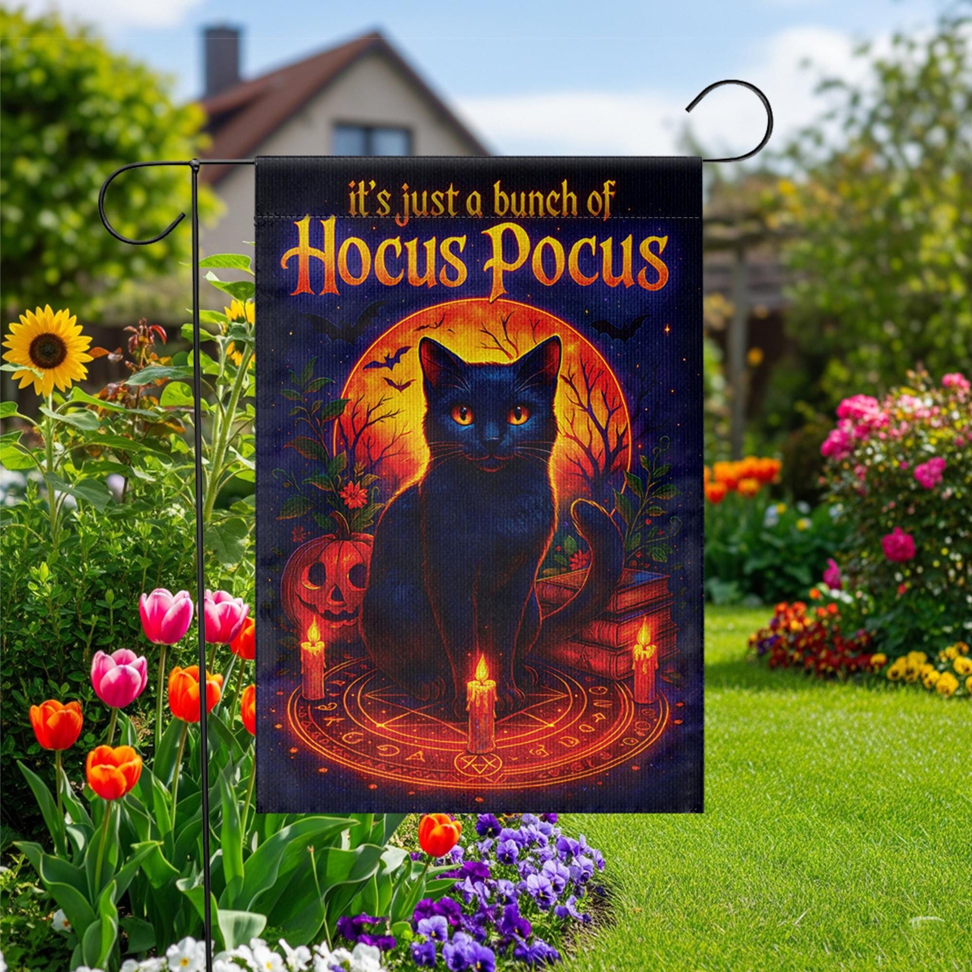 Hocus Pocus Garden Flag, Black Cat Halloween Decor, Thackery Binx Witchy Yard Art, Spooky Outdoor Banner, Just a Bunch of Hocus Pocus