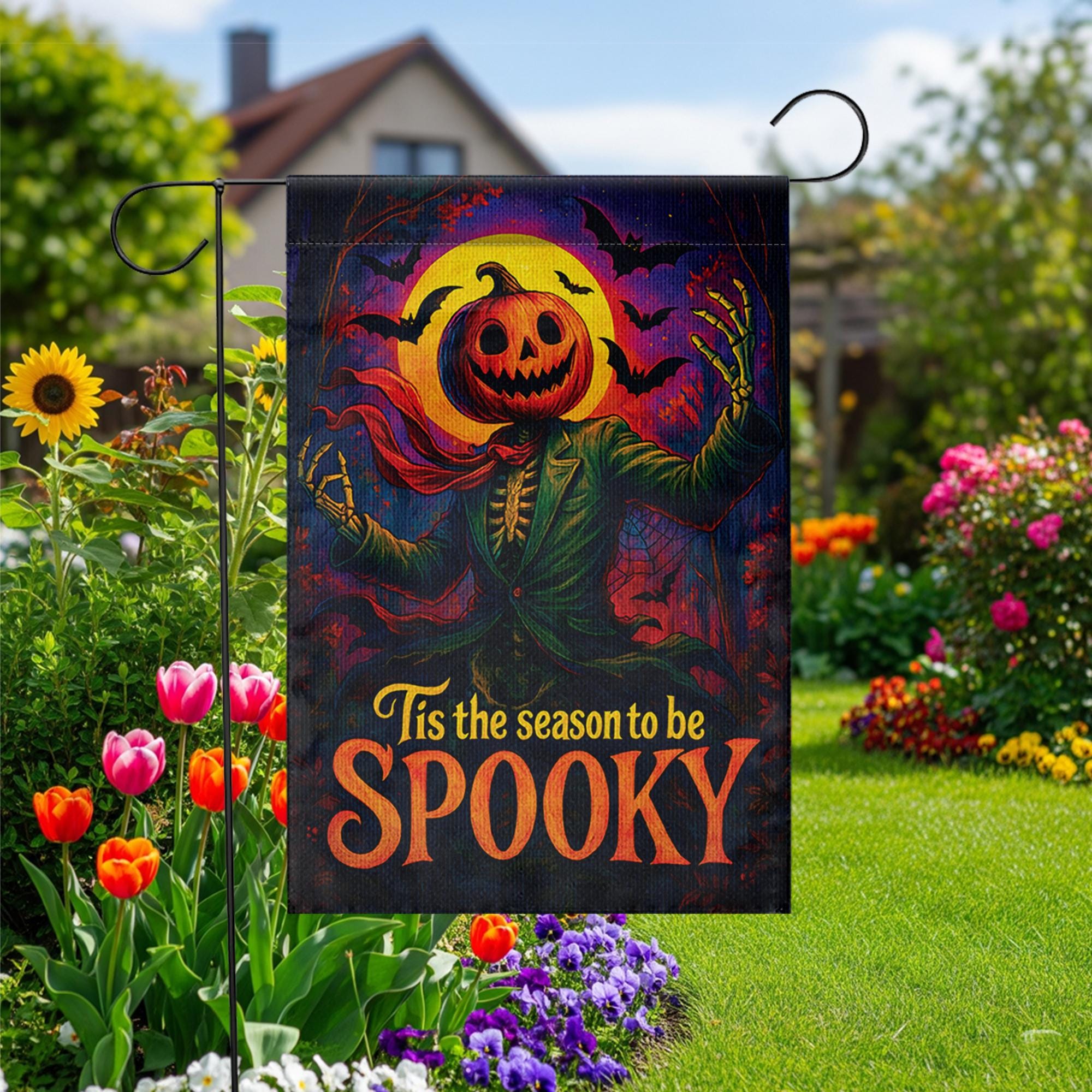 Spooky Halloween Garden Flag, Tis The Season To Be Spooky, Pumpkin Head Scarecrow Decor, Vintage Outdoor Yard Art, Retro Jack O Lantern