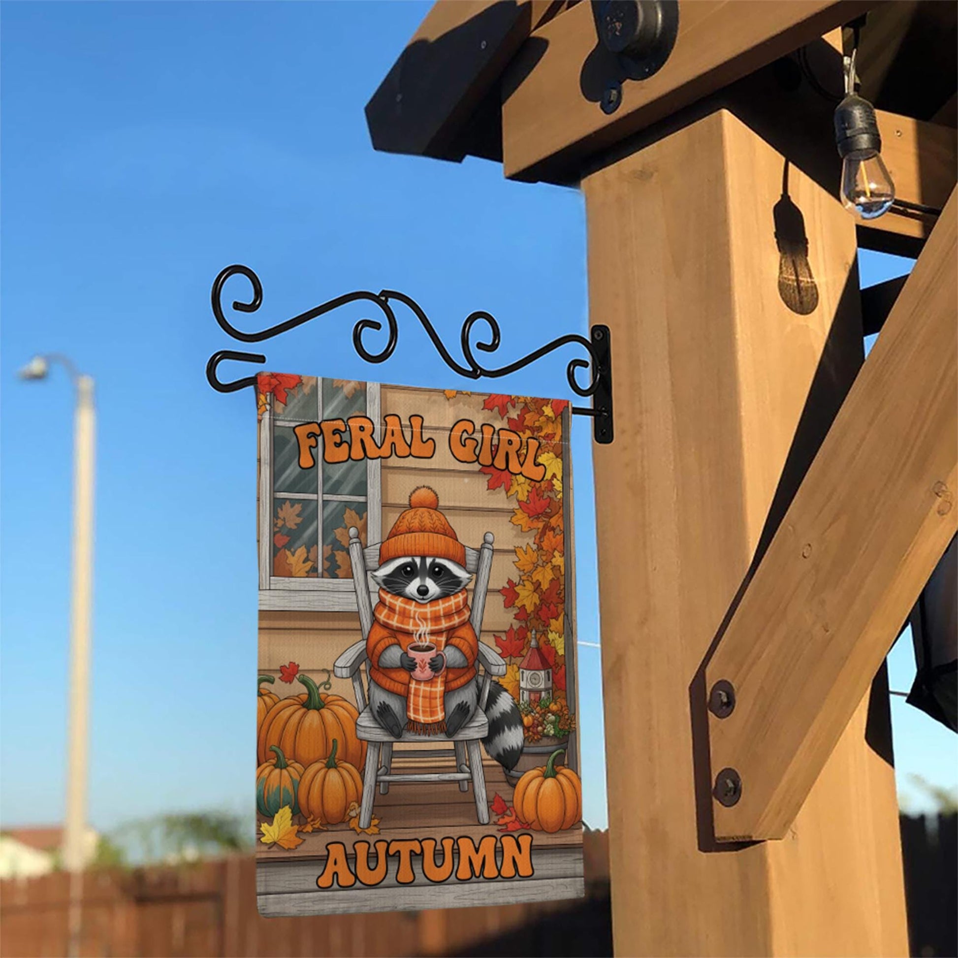Feral Girl Autumn Garden Flag, Funny Raccoon Porch Decor, Cozy Fall Welcome Banner, Cute Seasonal Yard Art, Housewarming Gift for Her