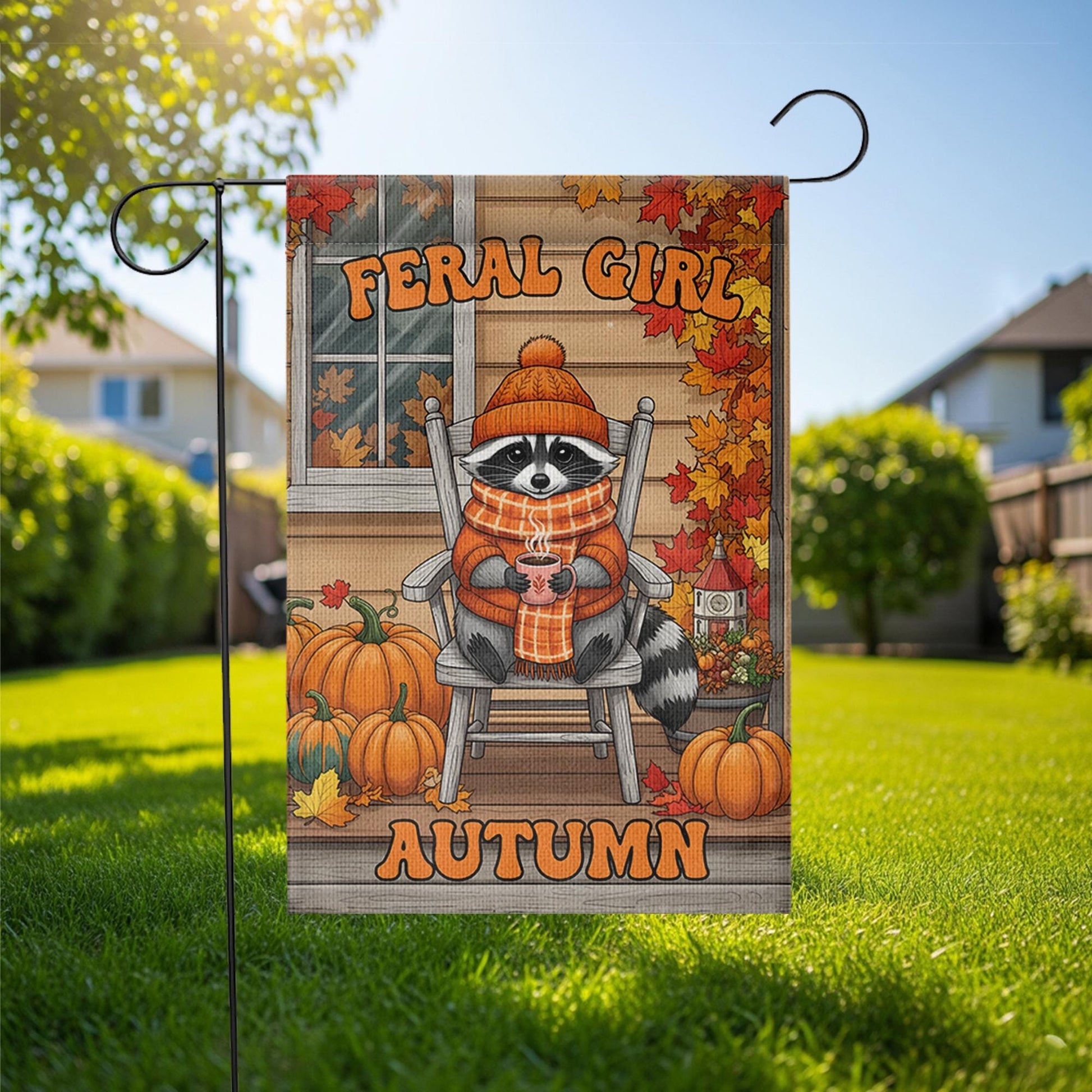 Feral Girl Autumn Garden Flag, Funny Raccoon Porch Decor, Cozy Fall Welcome Banner, Cute Seasonal Yard Art, Housewarming Gift for Her