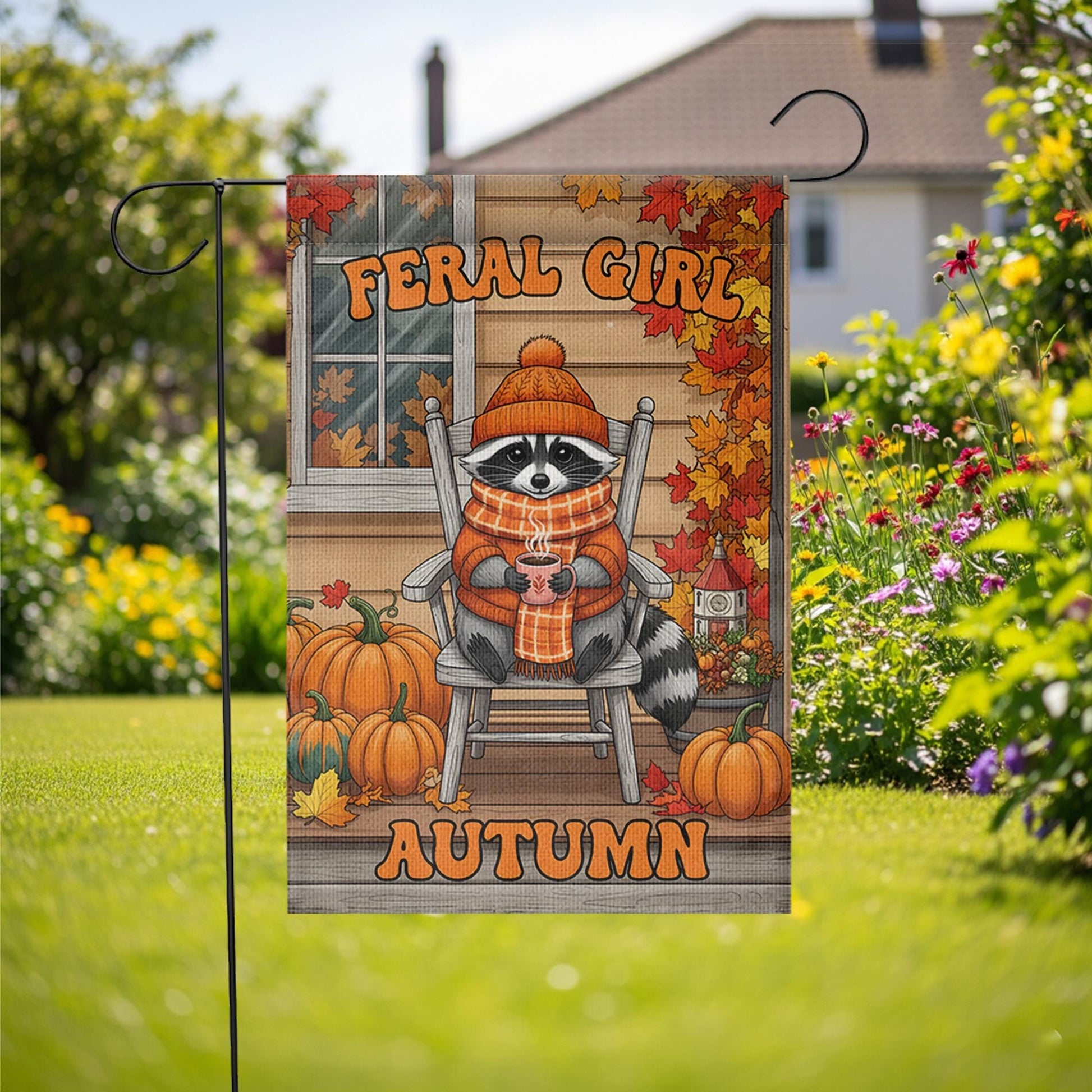 Feral Girl Autumn Garden Flag, Funny Raccoon Porch Decor, Cozy Fall Welcome Banner, Cute Seasonal Yard Art, Housewarming Gift for Her
