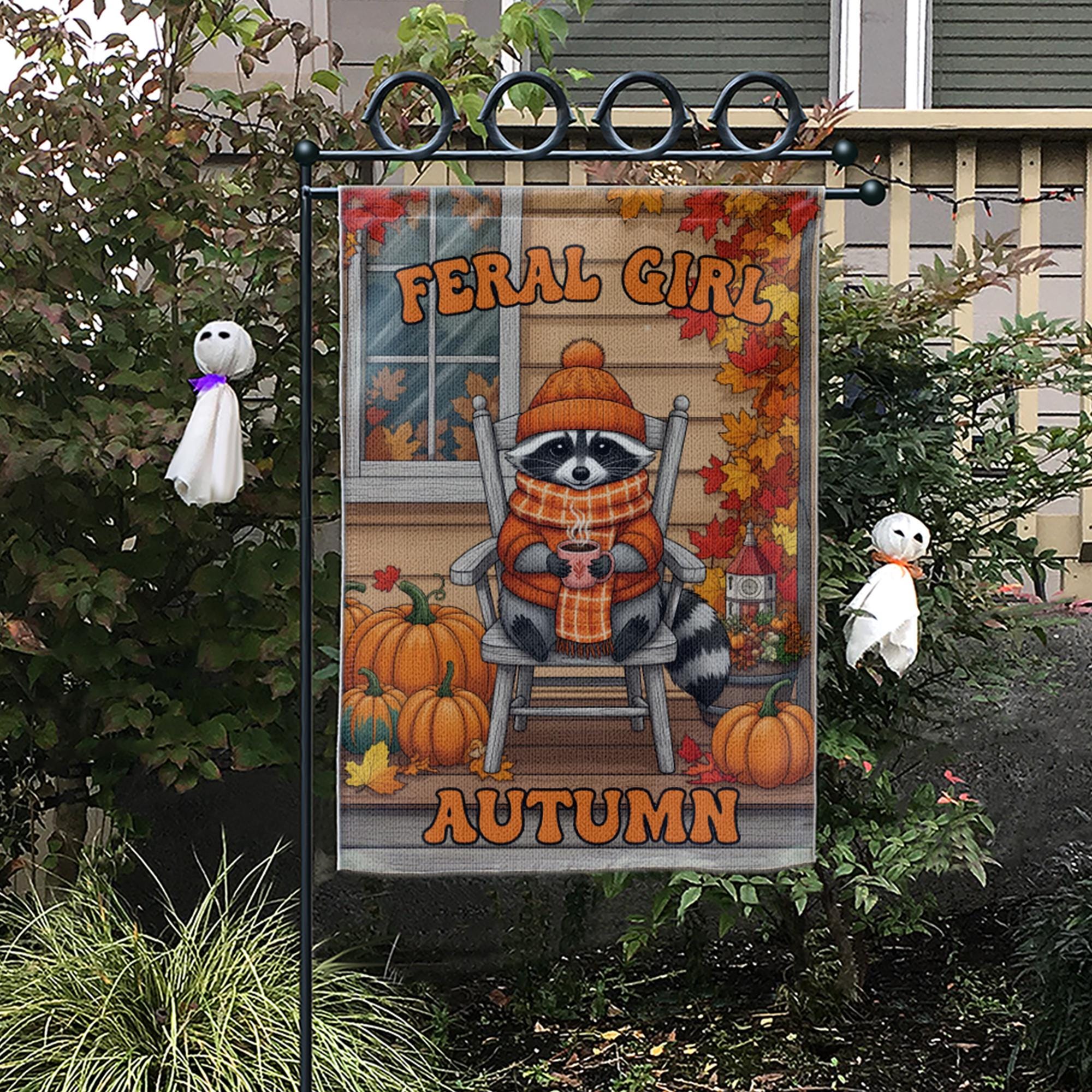 Feral Girl Autumn Garden Flag, Funny Raccoon Porch Decor, Cozy Fall Welcome Banner, Cute Seasonal Yard Art, Housewarming Gift for Her