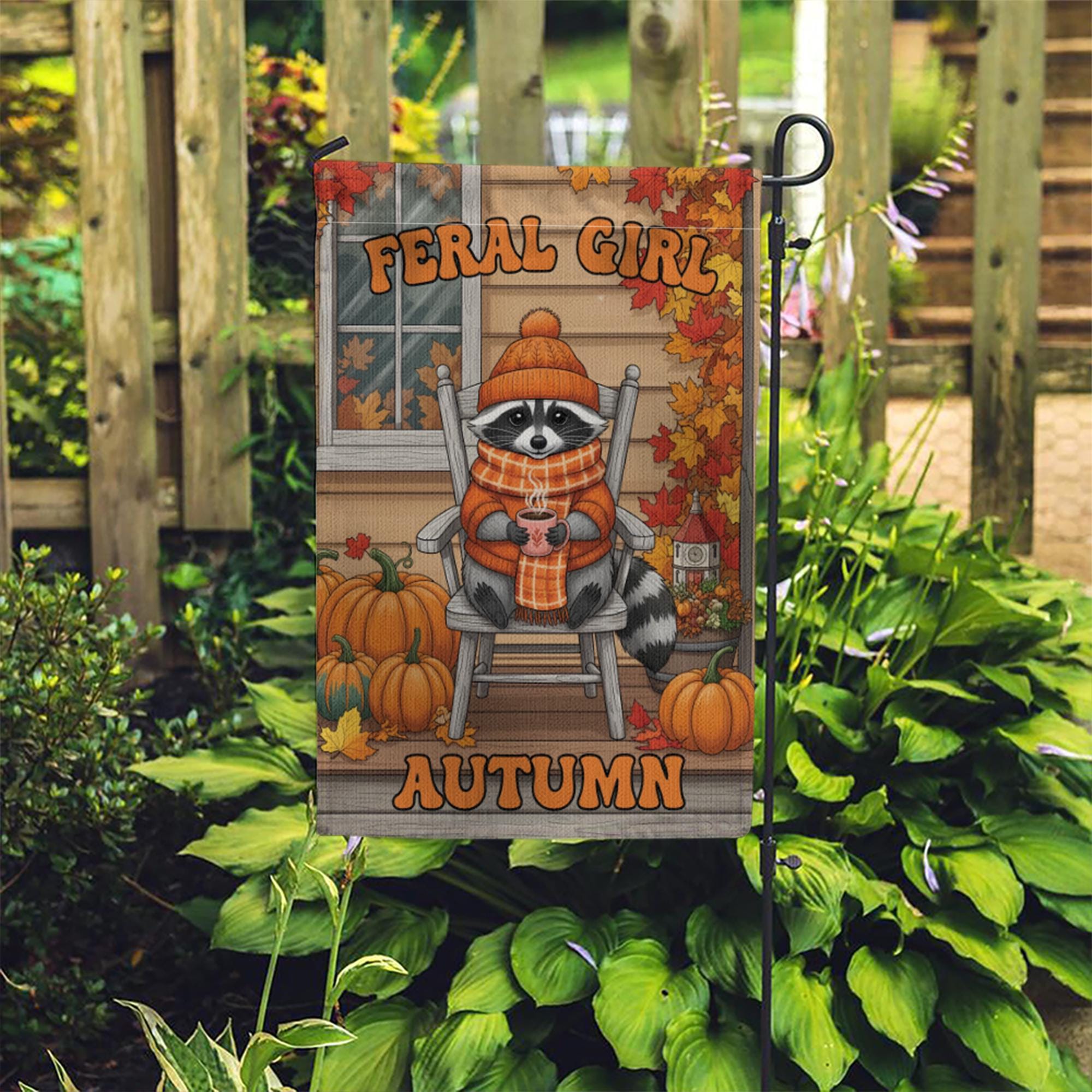 Feral Girl Autumn Garden Flag, Funny Raccoon Porch Decor, Cozy Fall Welcome Banner, Cute Seasonal Yard Art, Housewarming Gift for Her