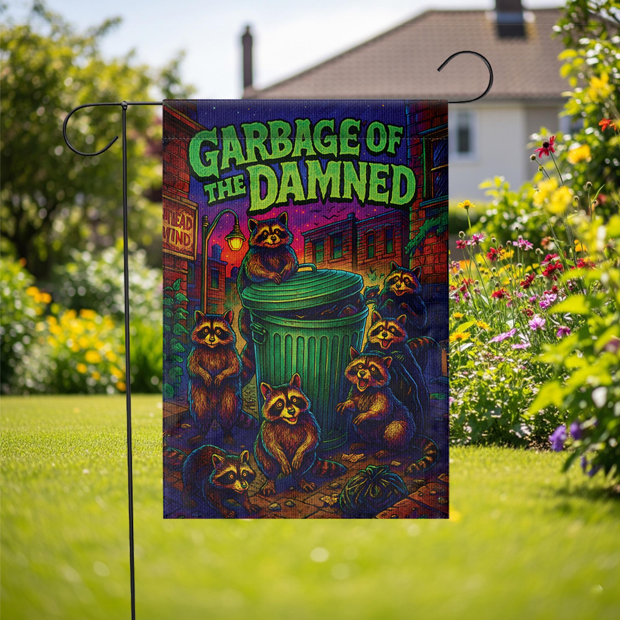 Garbage of the Damned Raccoon Flag, Funny Trash Panda Garden Decor, Spooky Gothic Halloween Sign, Psychedelic Horror Art, Housewarming Gift