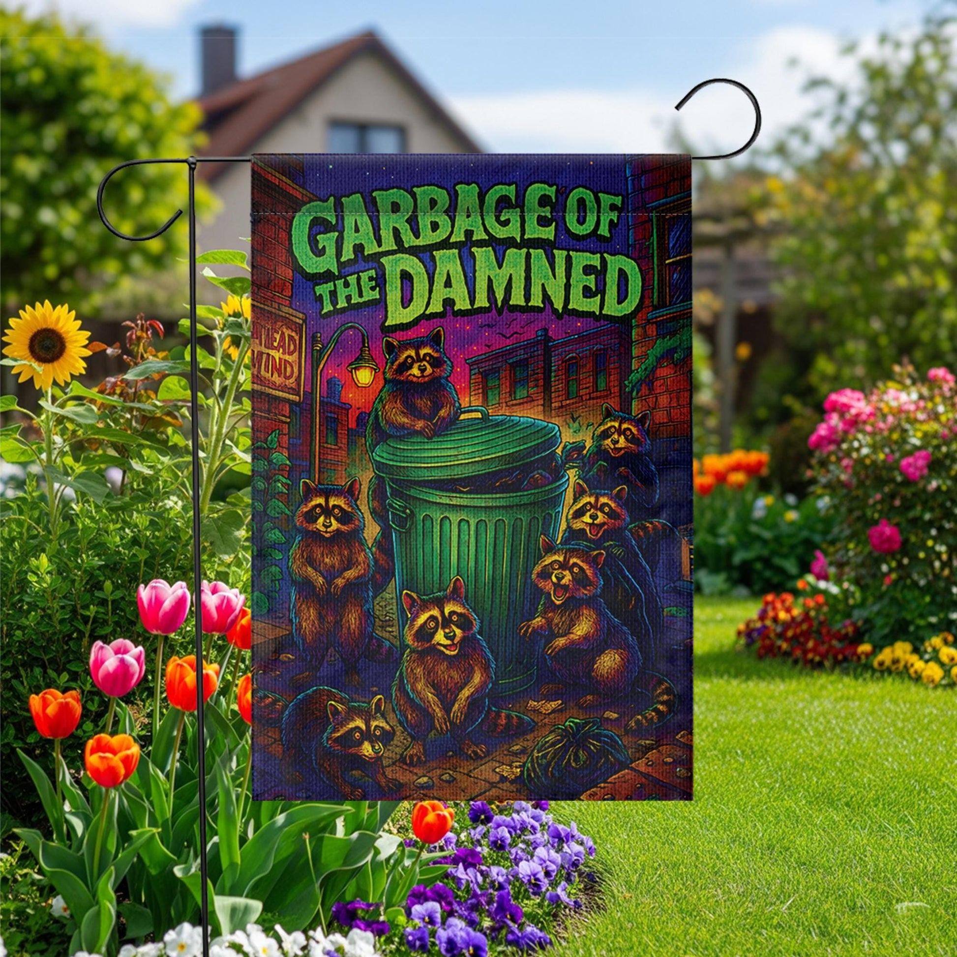 Garbage of the Damned Raccoon Flag, Funny Trash Panda Garden Decor, Spooky Gothic Halloween Sign, Psychedelic Horror Art, Housewarming Gift