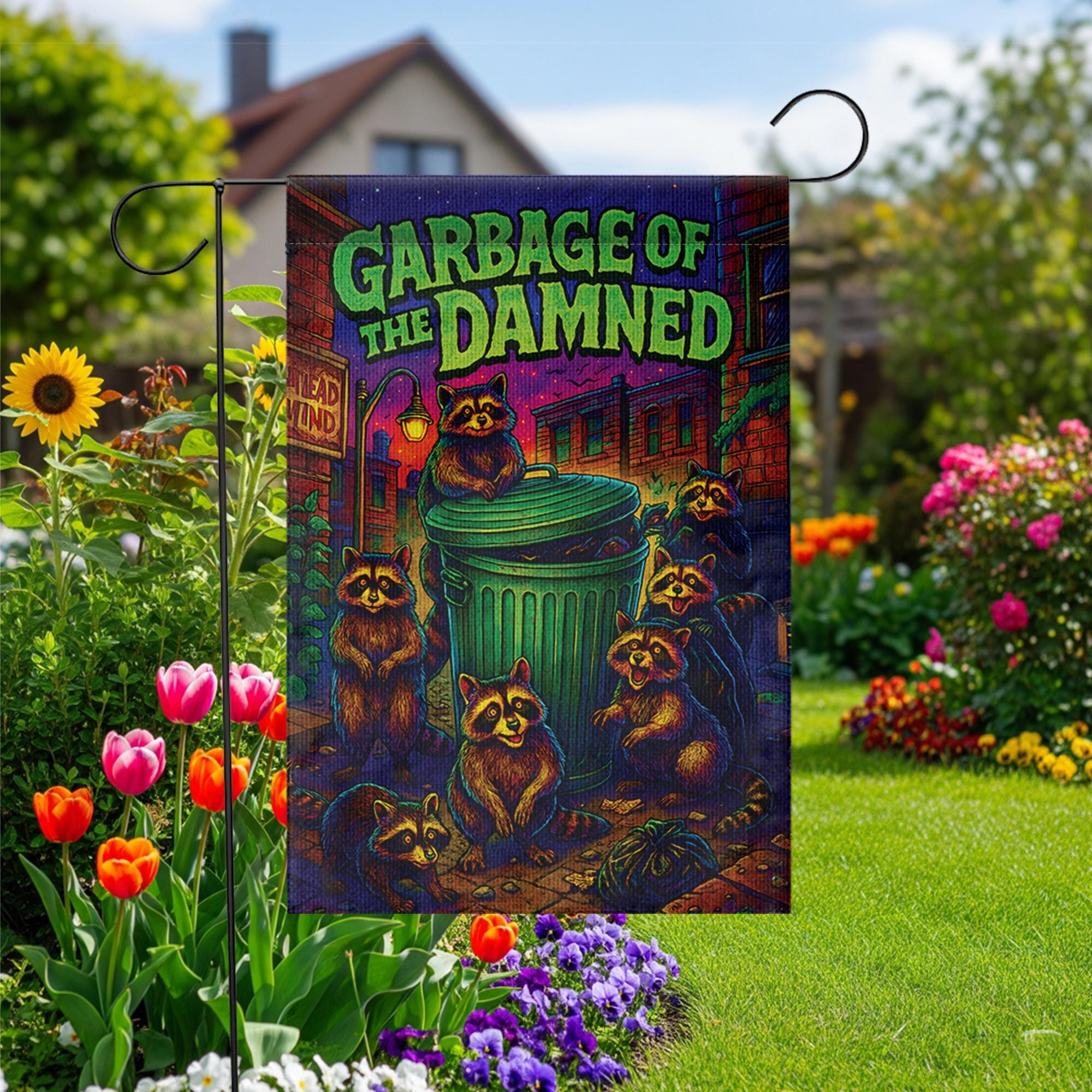 Garbage of the Damned Raccoon Flag, Funny Trash Panda Garden Decor, Spooky Gothic Halloween Sign, Psychedelic Horror Art, Housewarming Gift