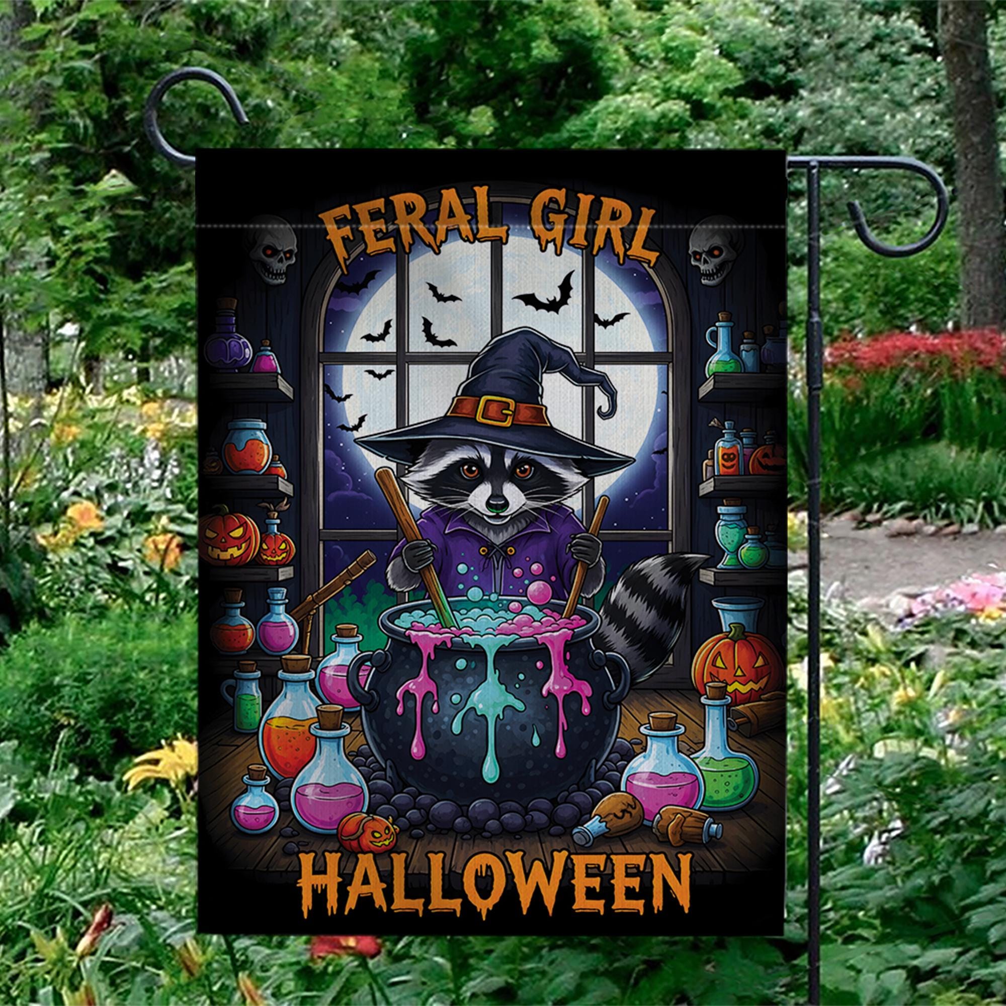 Feral Girl Halloween Raccoon Witch Garden Flag, Cute Spooky Yard Decor, Funny Witchy Cauldron Banner, Whimsical Animal Halloween Decor