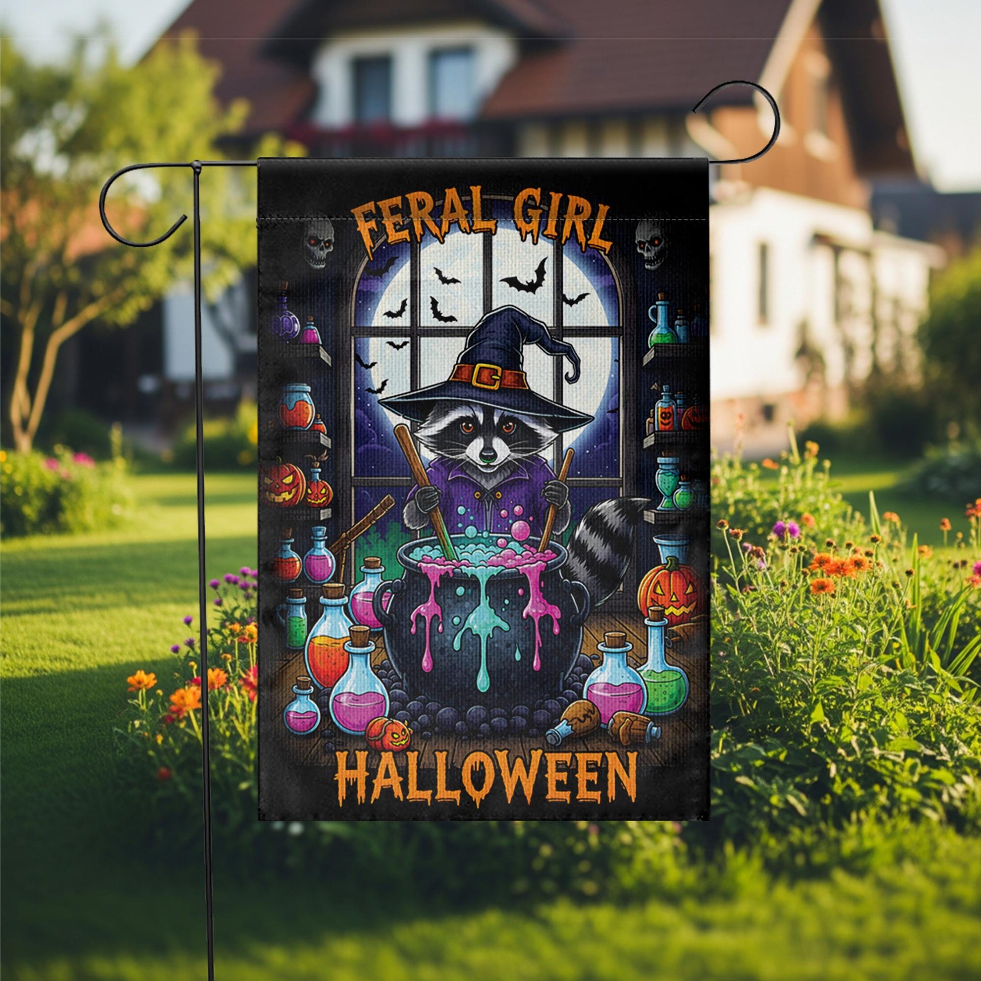 Feral Girl Halloween Raccoon Witch Garden Flag, Cute Spooky Yard Decor, Funny Witchy Cauldron Banner, Whimsical Animal Halloween Decor