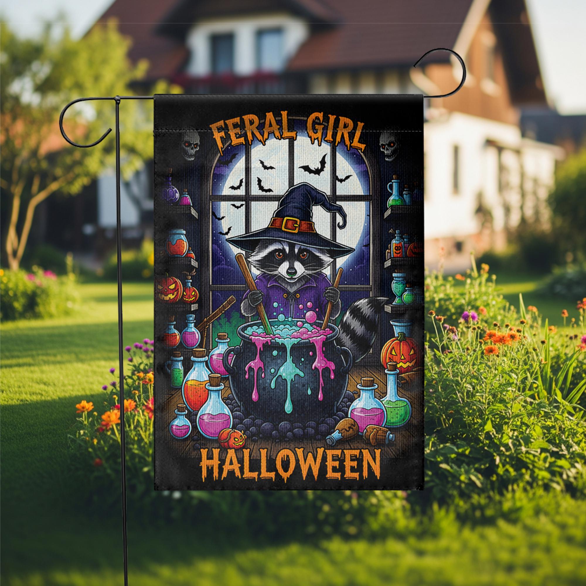 Feral Girl Halloween Raccoon Witch Garden Flag, Cute Spooky Yard Decor, Funny Witchy Cauldron Banner, Whimsical Animal Halloween Decor