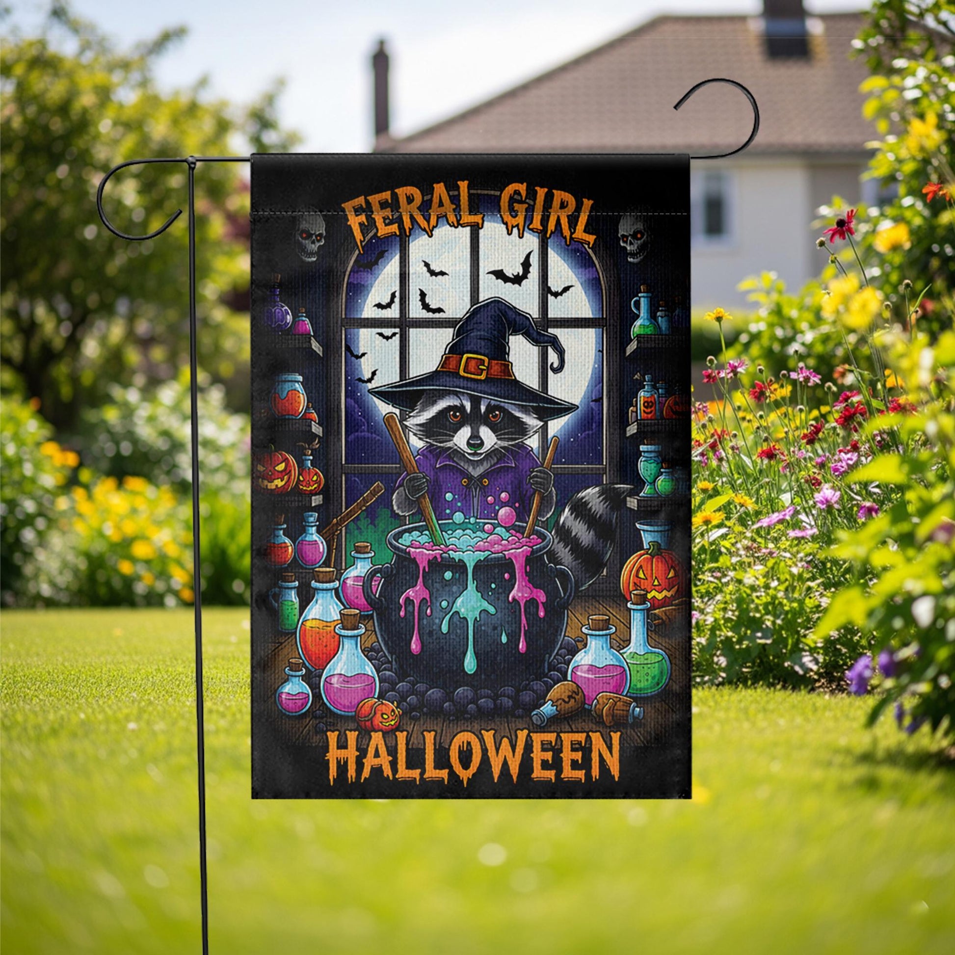 Feral Girl Halloween Raccoon Witch Garden Flag, Cute Spooky Yard Decor, Funny Witchy Cauldron Banner, Whimsical Animal Halloween Decor