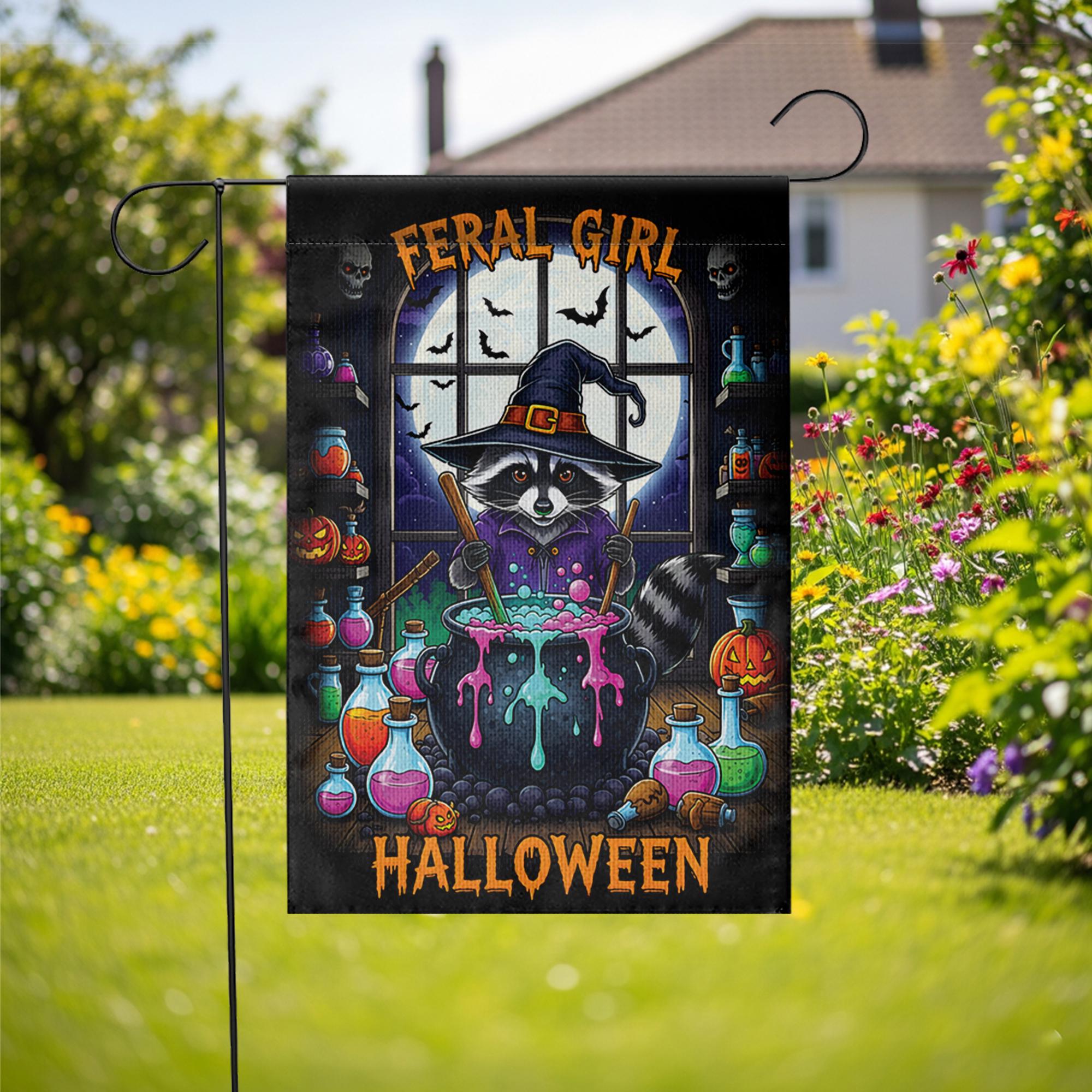 Feral Girl Halloween Raccoon Witch Garden Flag, Cute Spooky Yard Decor, Funny Witchy Cauldron Banner, Whimsical Animal Halloween Decor