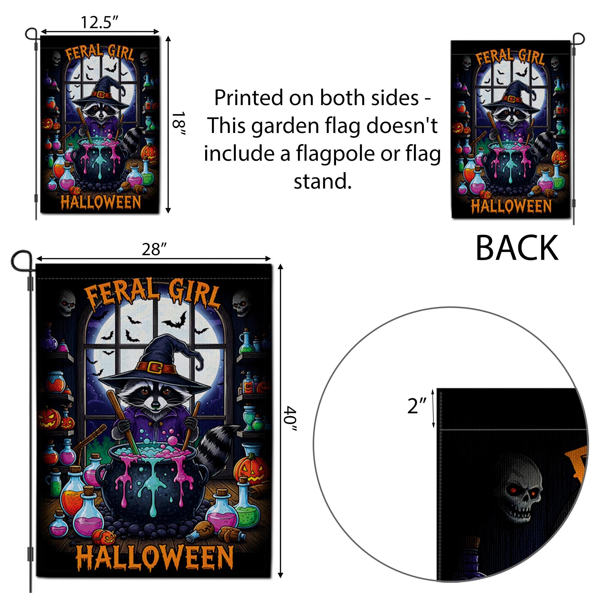 Feral Girl Halloween Raccoon Witch Garden Flag, Cute Spooky Yard Decor, Funny Witchy Cauldron Banner, Whimsical Animal Halloween Decor