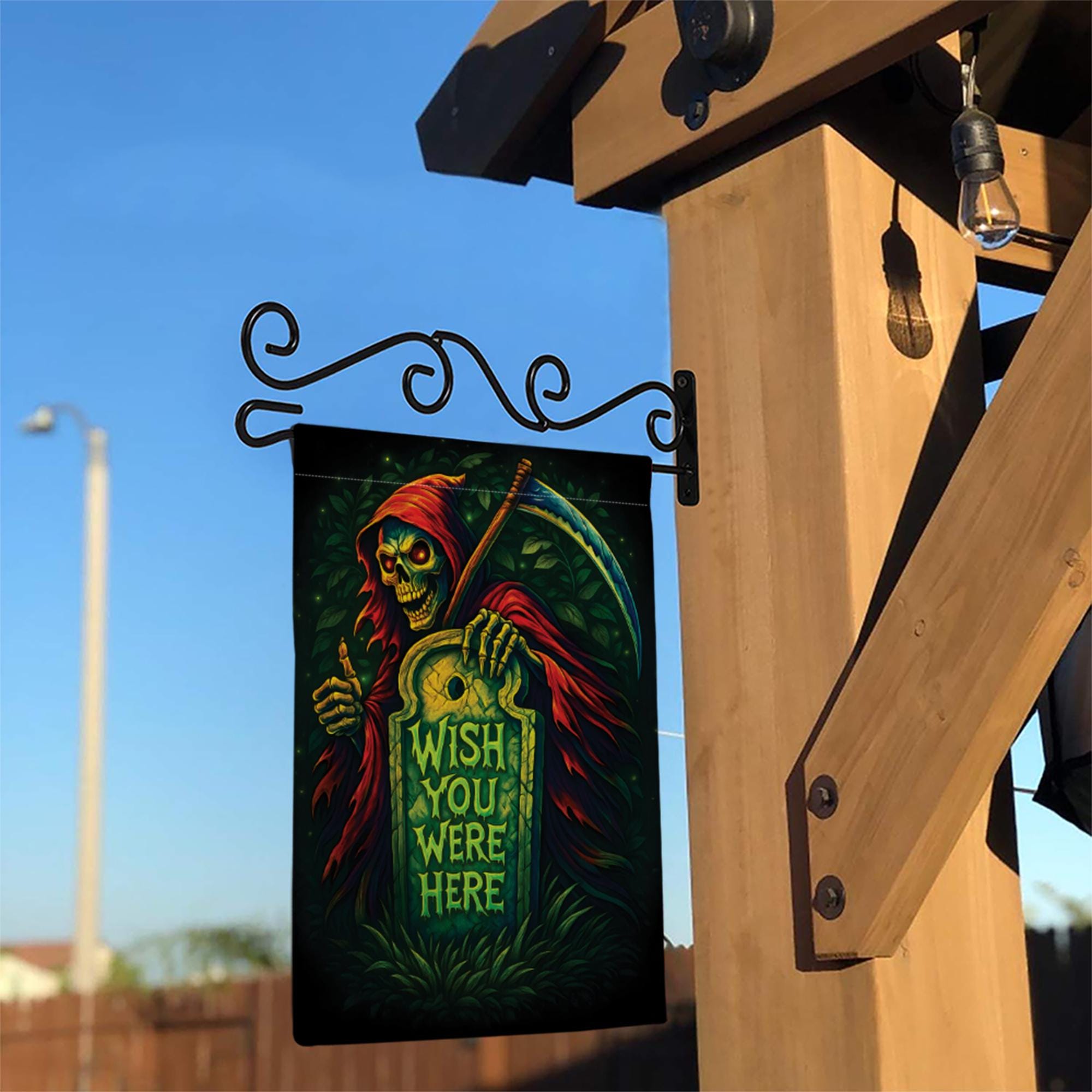 Spooky Grim Reaper "Wish You Were Here" Flag, Funny Halloween Garden Decor, Gothic Tombstone Yard Art, Dark Humor Outdoor Banner