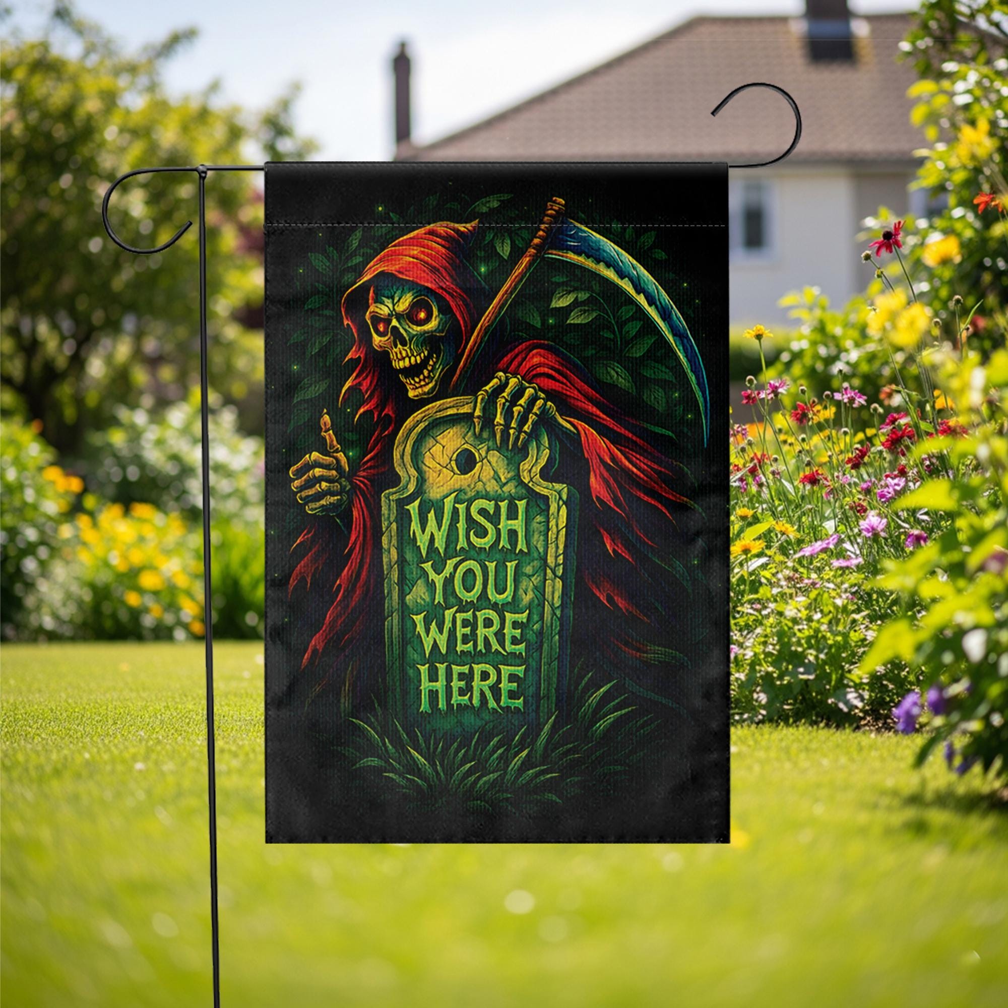 Spooky Grim Reaper "Wish You Were Here" Flag, Funny Halloween Garden Decor, Gothic Tombstone Yard Art, Dark Humor Outdoor Banner