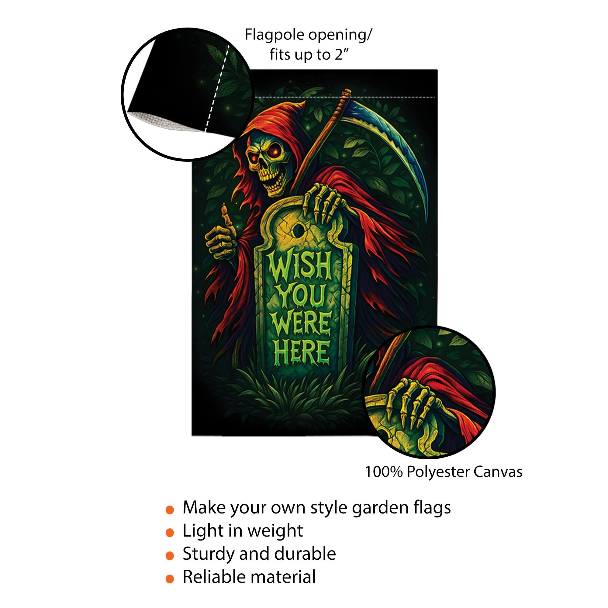 Spooky Grim Reaper "Wish You Were Here" Flag, Funny Halloween Garden Decor, Gothic Tombstone Yard Art, Dark Humor Outdoor Banner