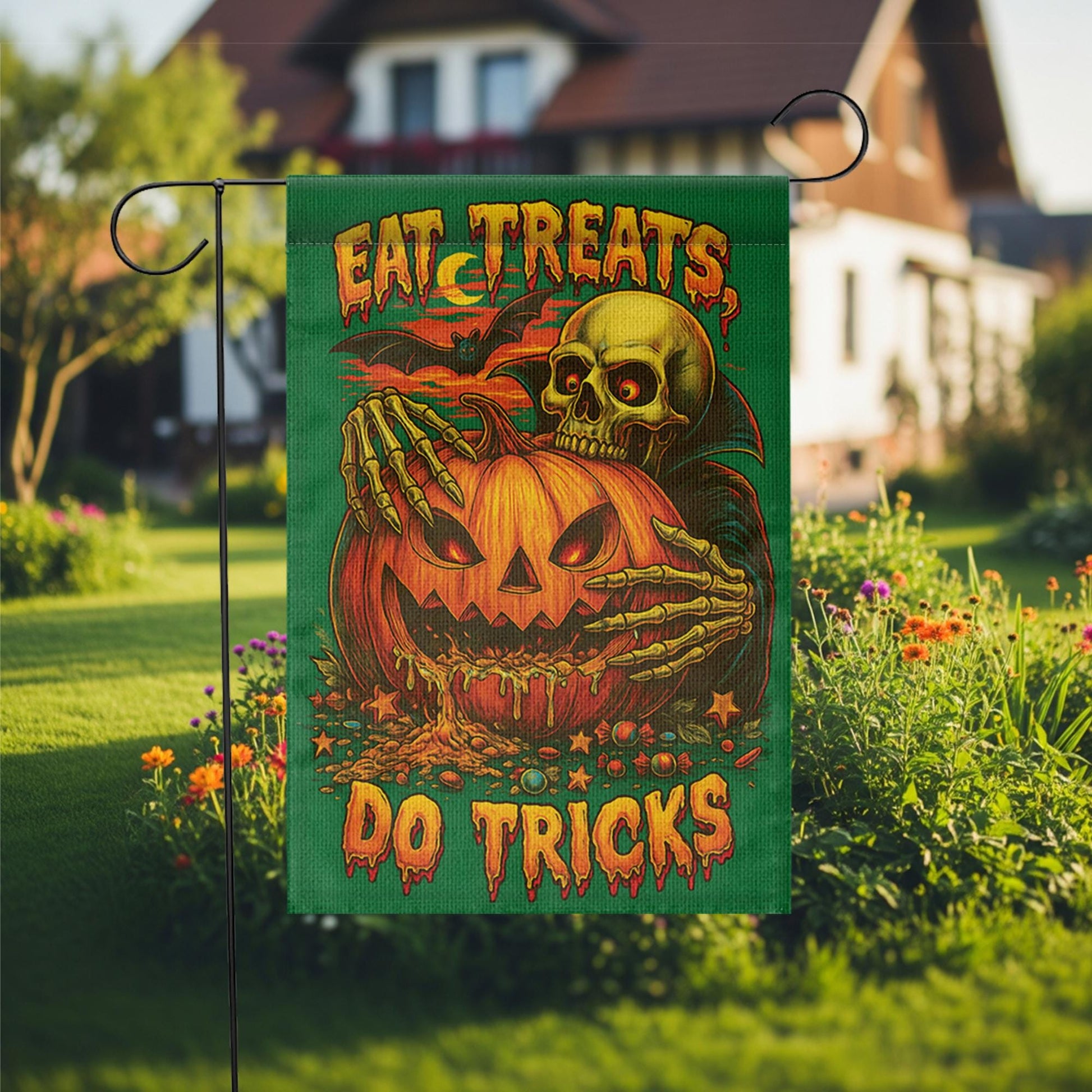 Spooky Halloween Flag, Eat Treats Do Tricks Garden Flag, Vintage Skeleton Pumpkin Decor, Retro Horror Yard Art, Outdoor Halloween Decor