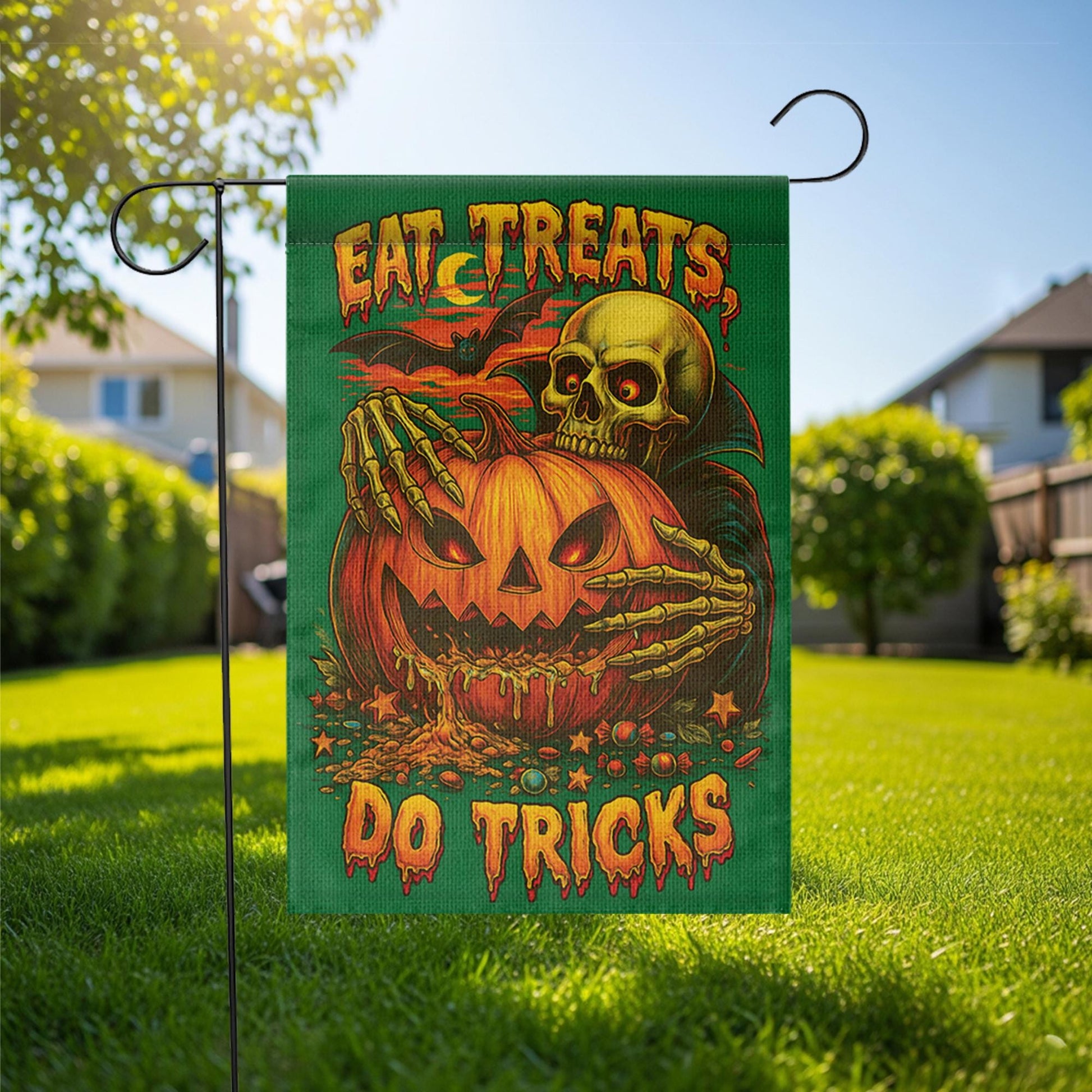 Spooky Halloween Flag, Eat Treats Do Tricks Garden Flag, Vintage Skeleton Pumpkin Decor, Retro Horror Yard Art, Outdoor Halloween Decor