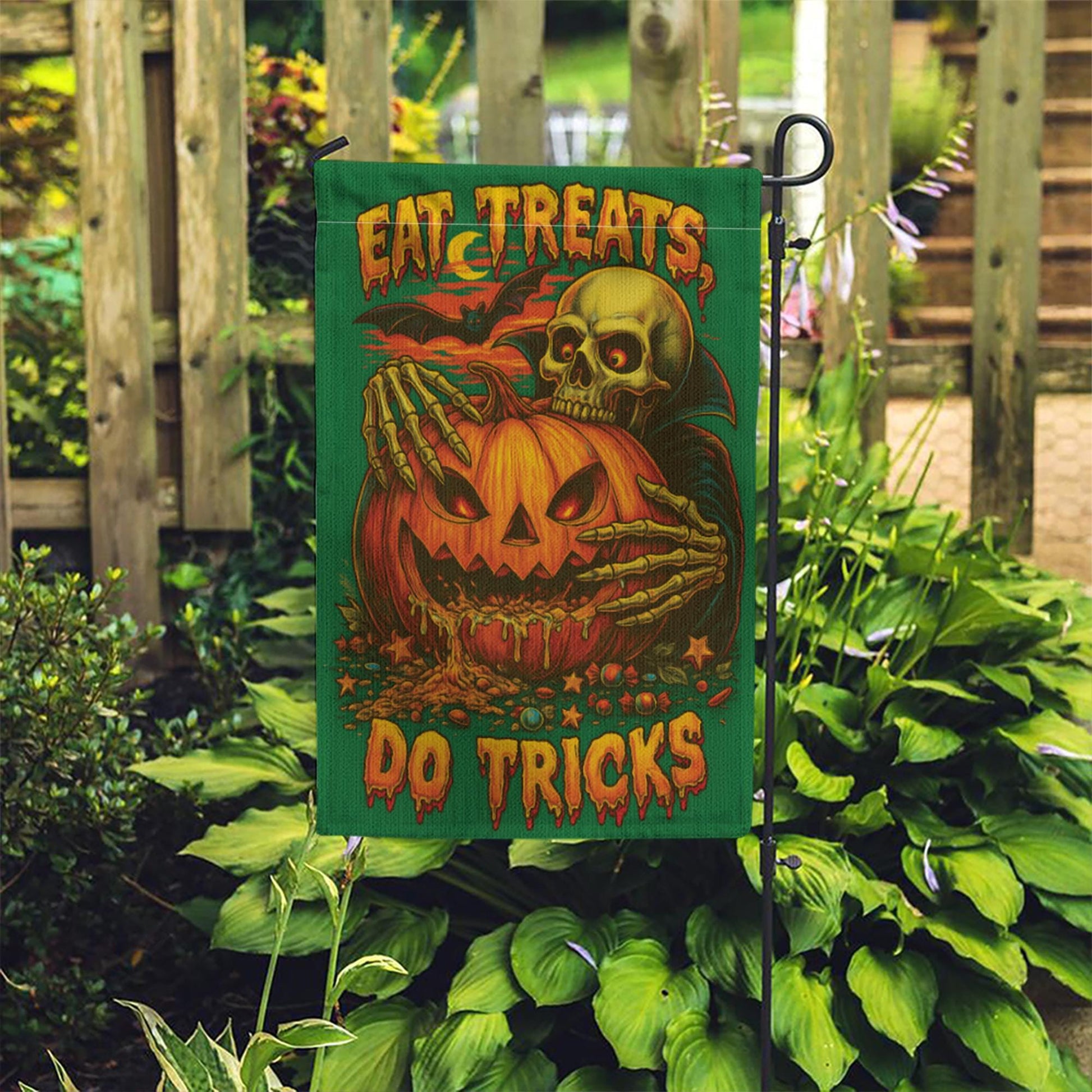 Spooky Halloween Flag, Eat Treats Do Tricks Garden Flag, Vintage Skeleton Pumpkin Decor, Retro Horror Yard Art, Outdoor Halloween Decor